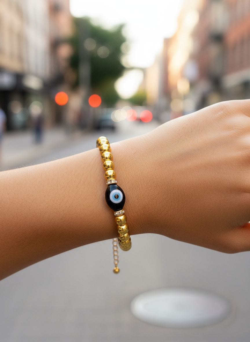 Χειροποίητο βραχιόλι με αιματίτη, στρας και lampwork μάτι – So Cute by Dimi