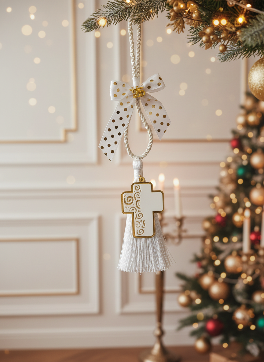 Χειροποίητο γούρι με σταυρό πλεξιγκλάς και χρυσή βάση, σατέν κορδόνι και φούντα – So Cute by Dimi