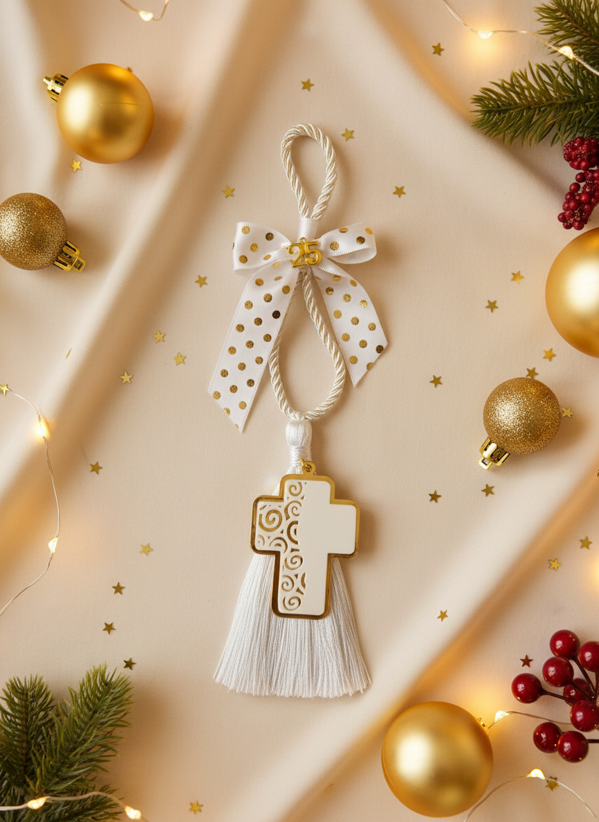 Χειροποίητο γούρι με σταυρό πλεξιγκλάς και χρυσή βάση, σατέν κορδόνι και φούντα – So Cute by Dimi