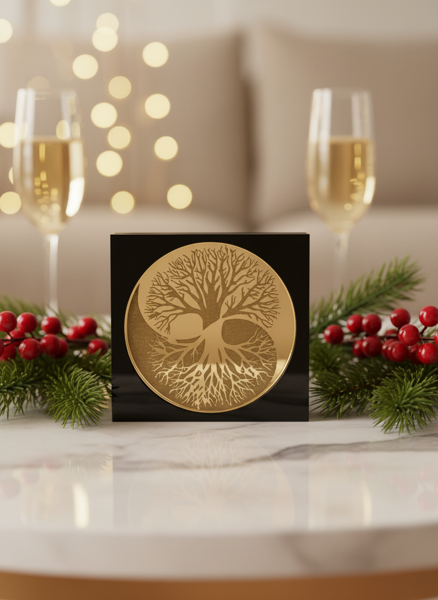 Yin Yang Tree γούρι, επιτραπέζιο χειροποίητο ξύλο & χρυσό plexiglass με Δέντρο Ζωής – So Cute by Dimi