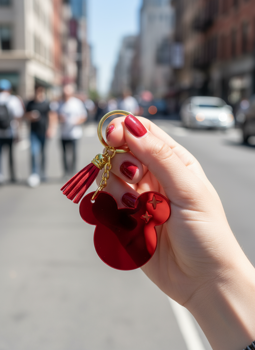 Χειροποίητο μπρελόκ ποντικιού από καθρέφτη plexiglass με διάτρητα αστέρια και φουντίτσα – So Cute by Dimi