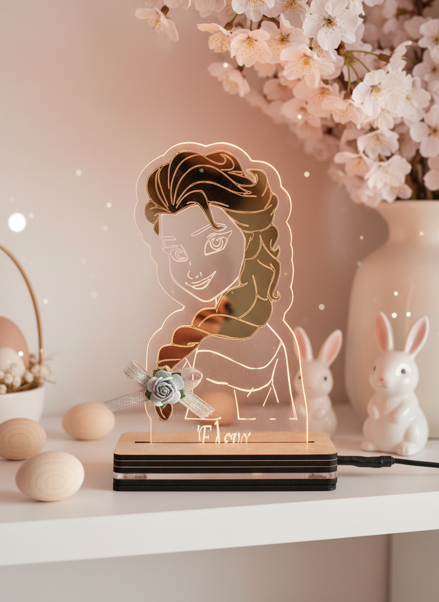 Παιδικό LED φωτιστικό Frozen Elsa με προσωποποιημένο όνομα και απλικέ mirror plexi μαλλιά.