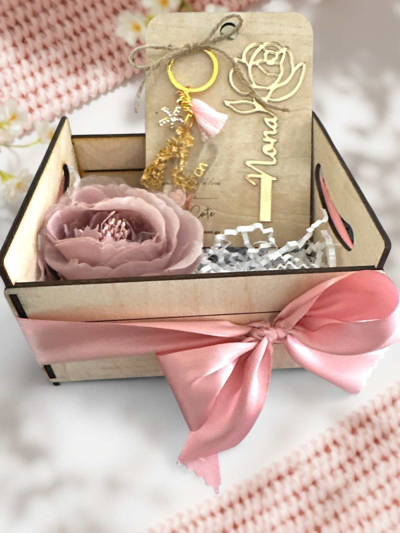 Ξύλινο Καφασάκι Δώρου με Παιώνια & Σατέν Φιόγκο - So Cute by Dimi