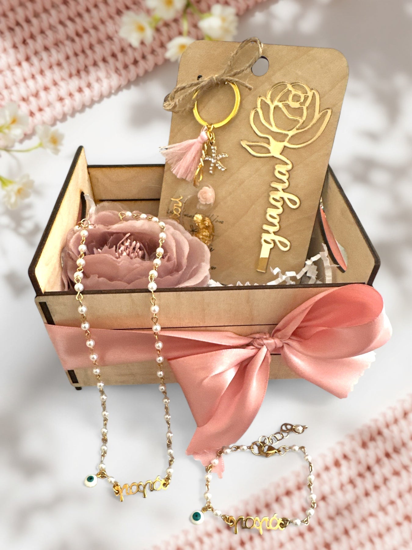 Ξύλινο Καφασάκι Δώρου με Παιώνια & Σατέν Φιόγκο - So Cute by Dimi