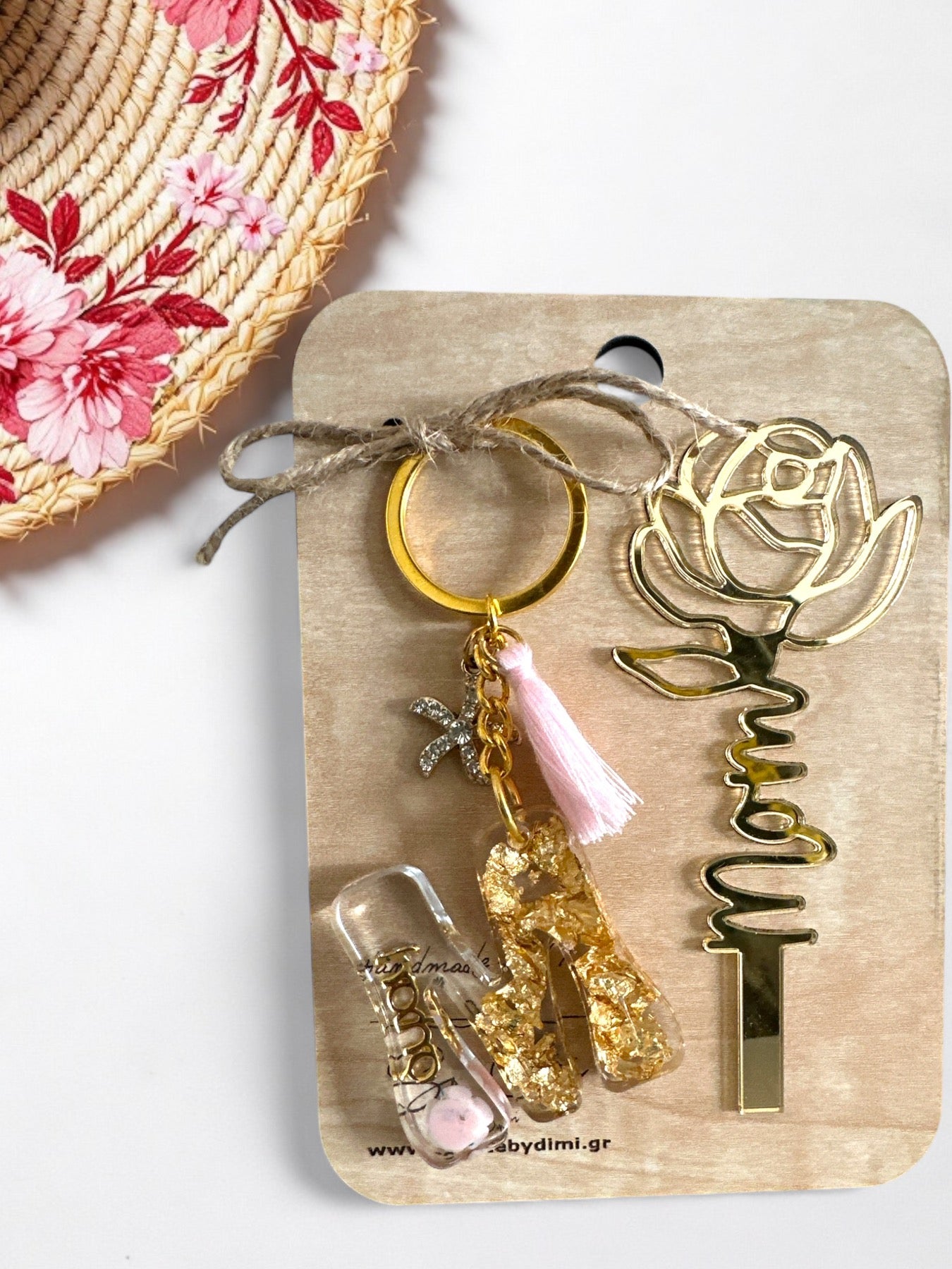 Επετειακό Μπρελόκ για Μαμά, Γιαγιά και Νονά με Φύλλα Χρυσού και Ακρυλικό Τριαντάφυλλο - So Cute by Dimi