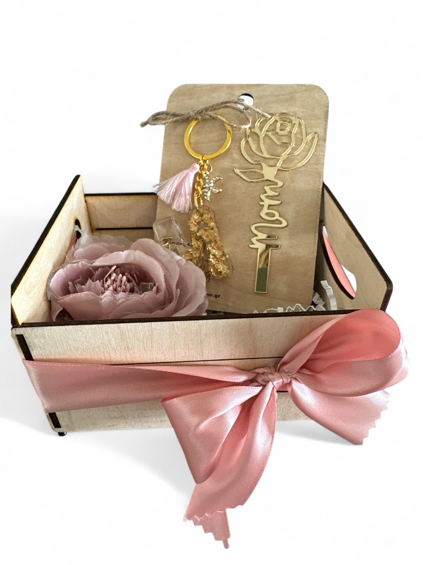 Ξύλινο Καφασάκι Δώρου με Παιώνια & Σατέν Φιόγκο - So Cute by Dimi