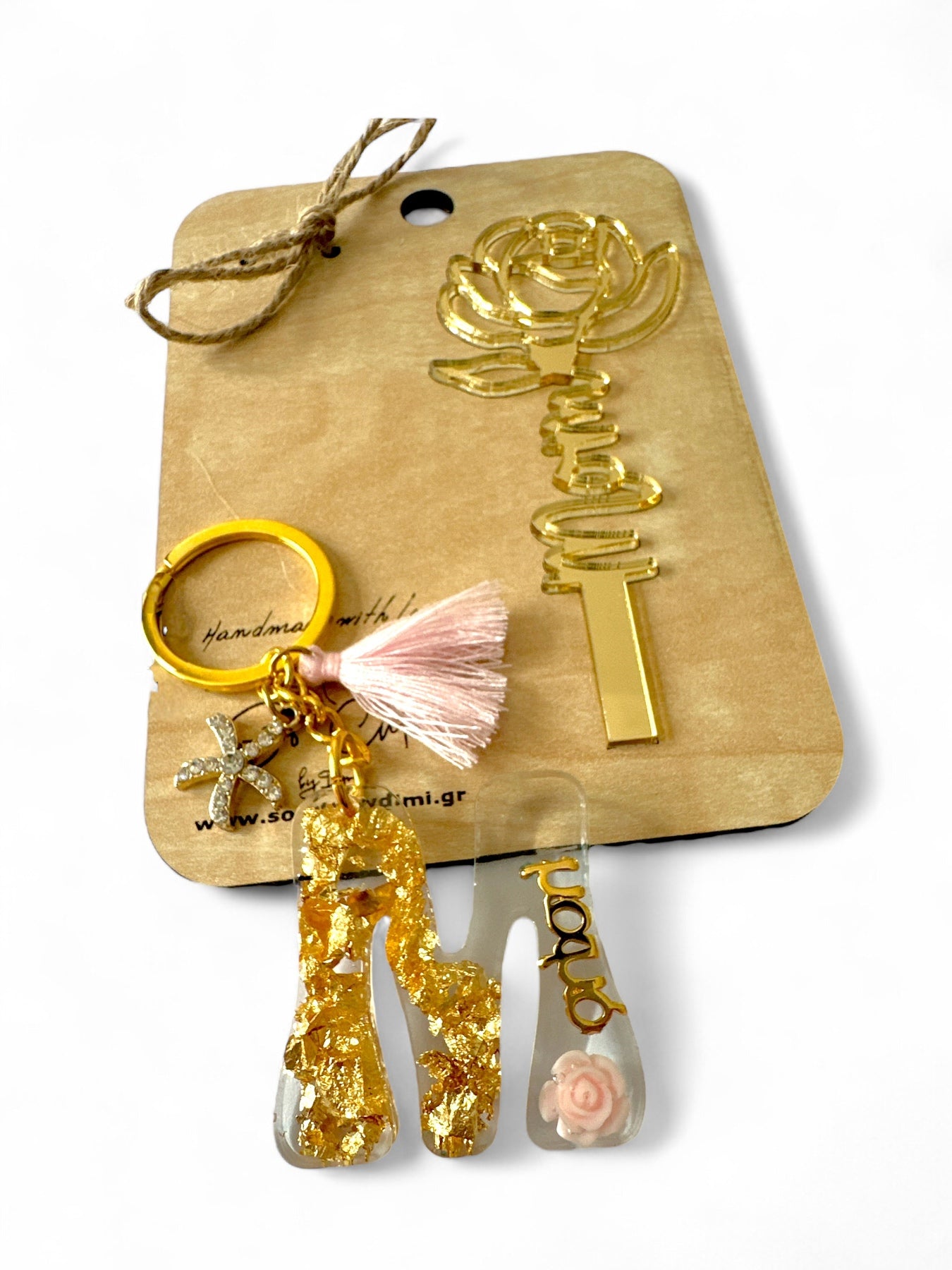 Επετειακό Μπρελόκ για Μαμά, Γιαγιά και Νονά με Φύλλα Χρυσού και Ακρυλικό Τριαντάφυλλο - So Cute by Dimi