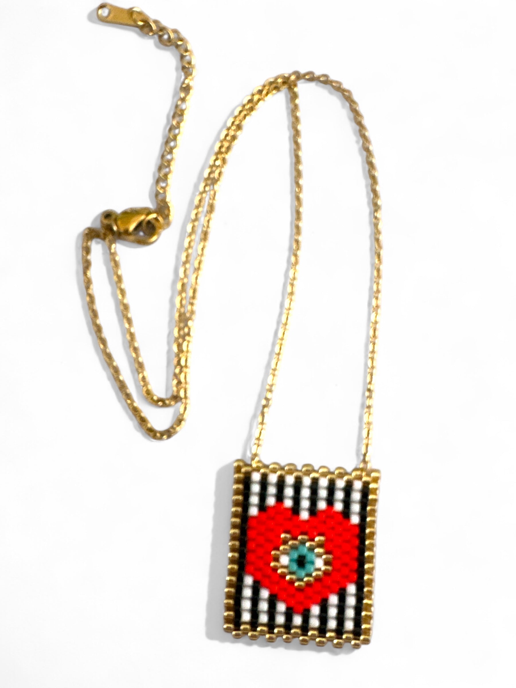 Beaded Pop-Eye Square Necklace – Turquoise / Monochrome - So Cute by Dimi
