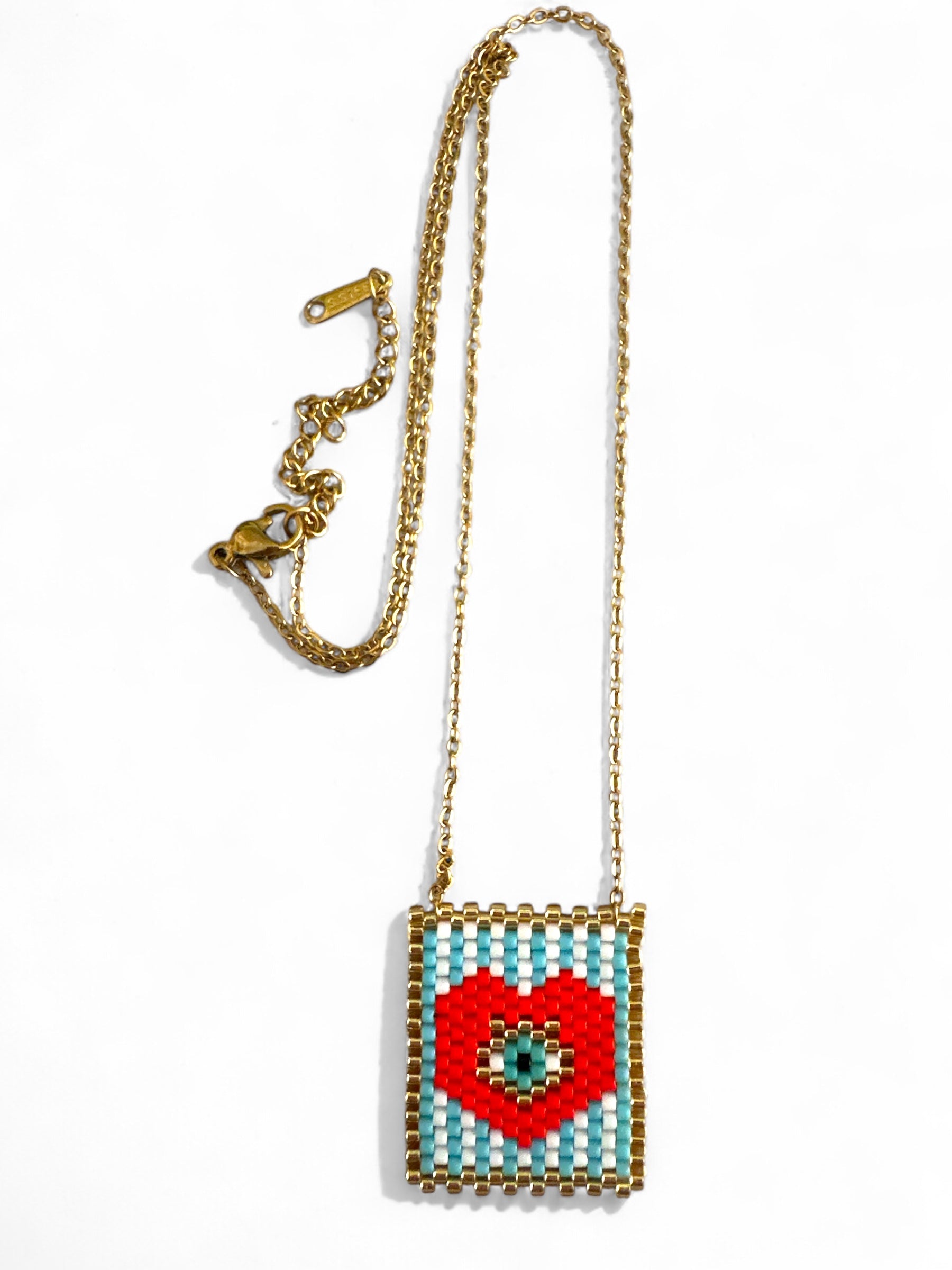 Beaded Pop-Eye Square Necklace – Turquoise / Monochrome - So Cute by Dimi