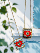 Beaded Pop-Eye Square Necklace – Turquoise / Monochrome - So Cute by Dimi