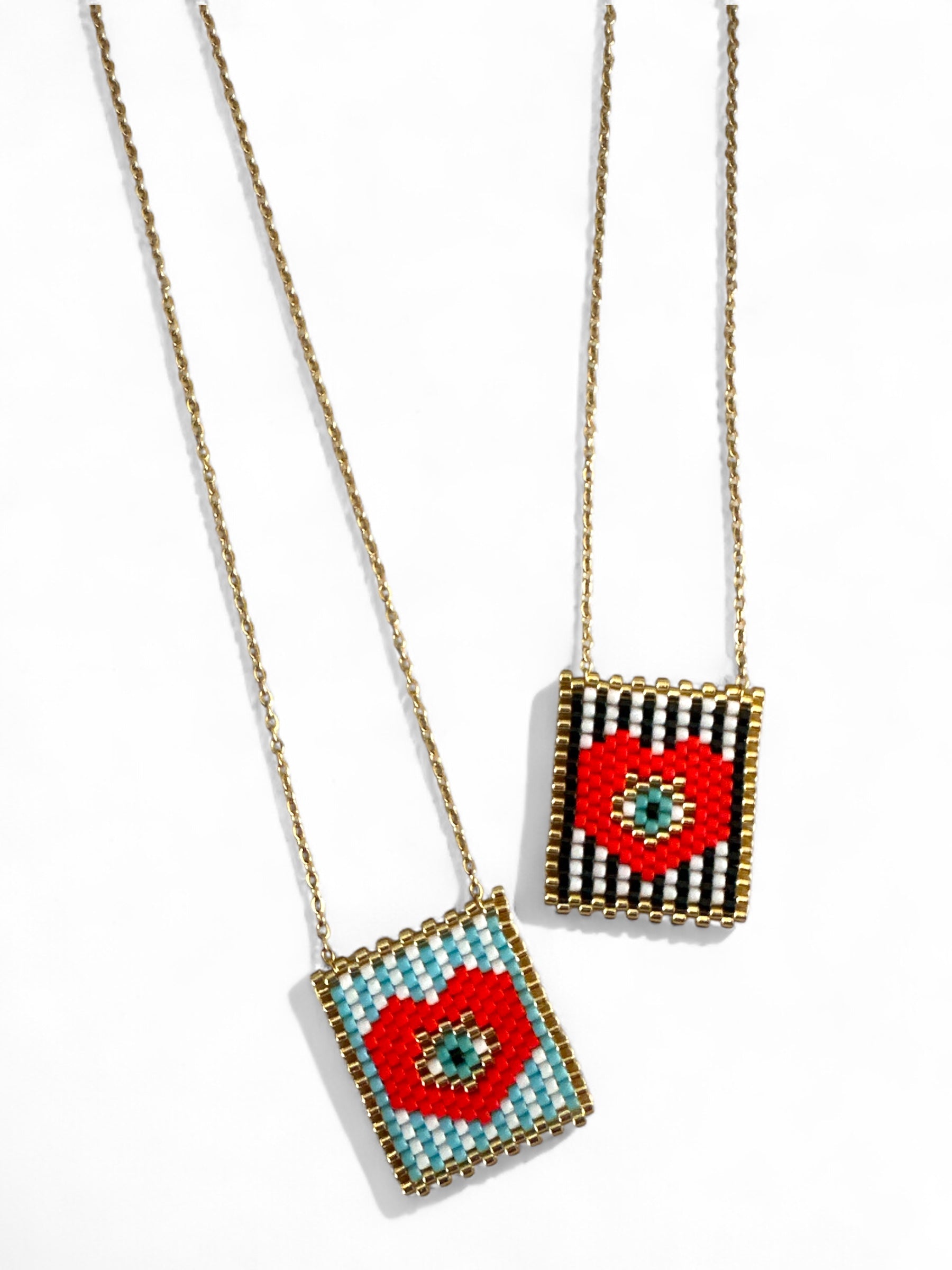 Beaded Pop-Eye Square Necklace – Turquoise / Monochrome - So Cute by Dimi