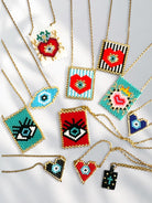 Beaded Pop-Eye Square Necklace – Turquoise / Monochrome - So Cute by Dimi
