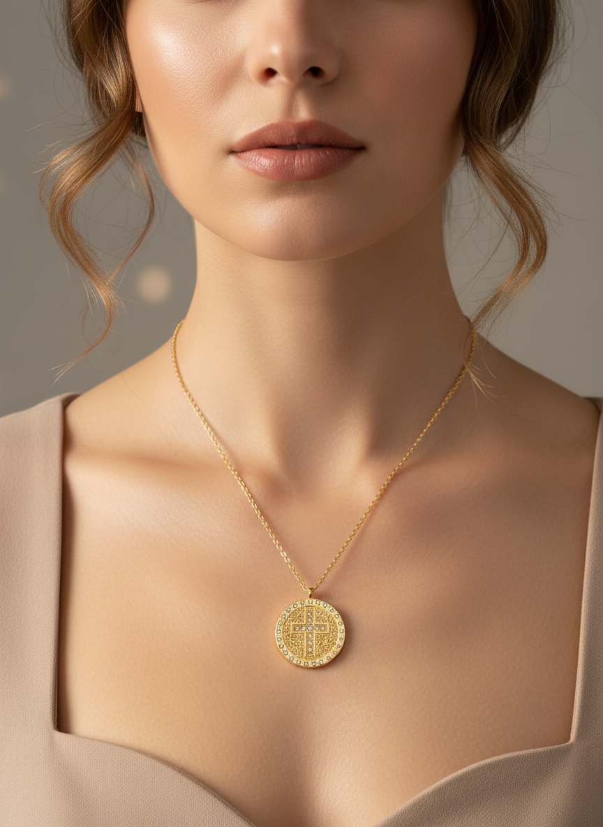 Divine Glow – Κολιέ με σταυρό & στρας σε κυκλικό μενταγιόν - So Cute by Dimi