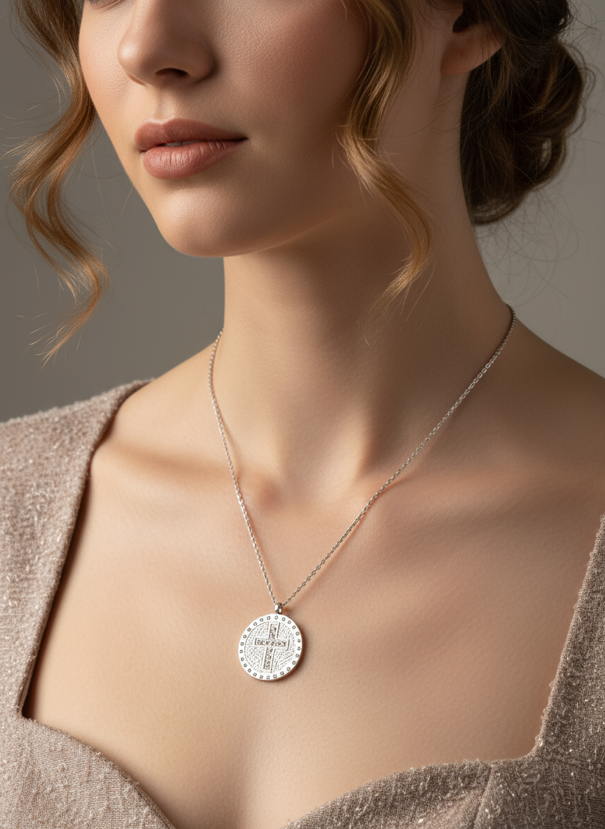 Divine Glow – Κολιέ με σταυρό & στρας σε κυκλικό μενταγιόν - So Cute by Dimi