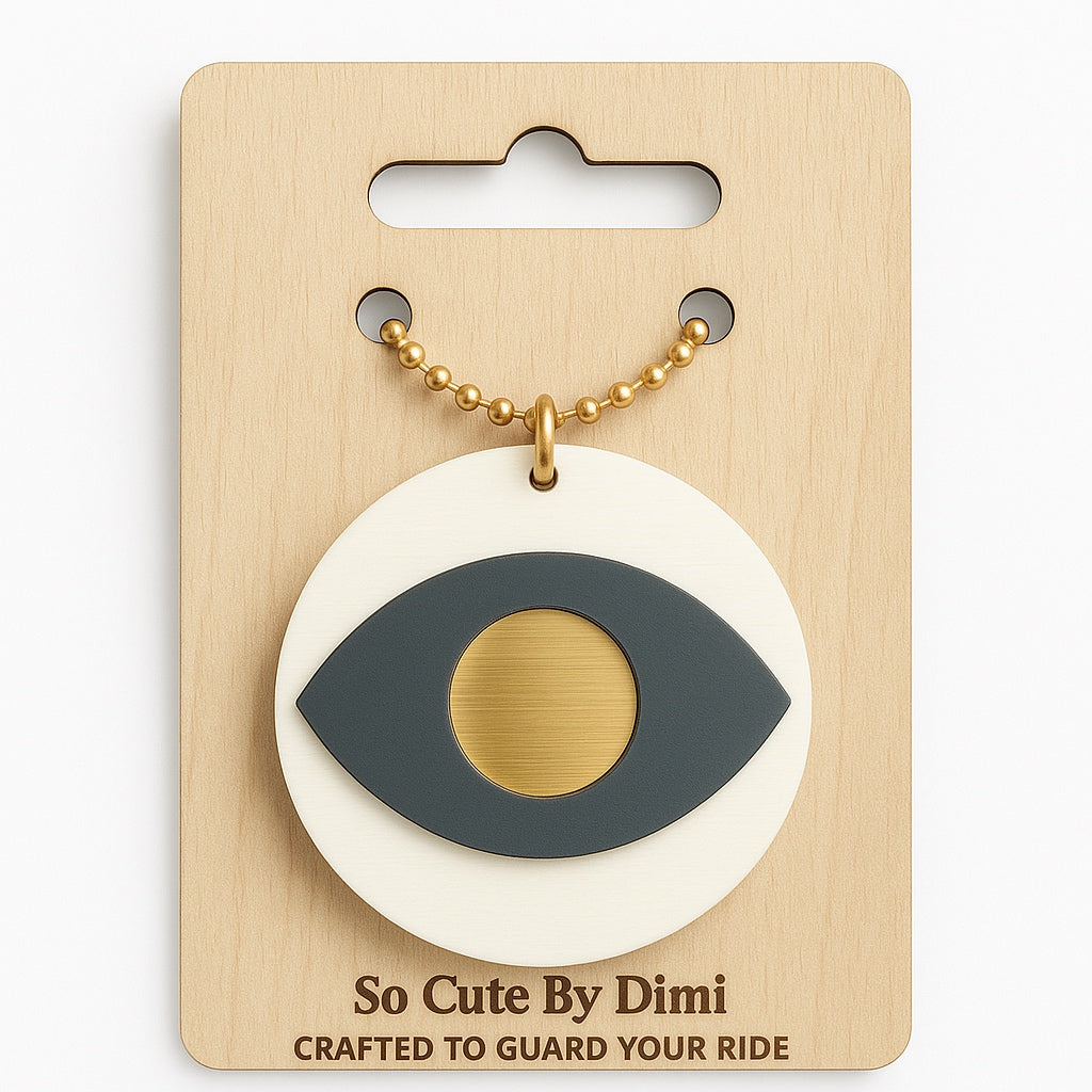 Γούρι αυτοκινήτου κυκλαδίτικο μάτι με λευκό, γκρι και χρυσό plexiglass, από τη συλλογή Drive Icons