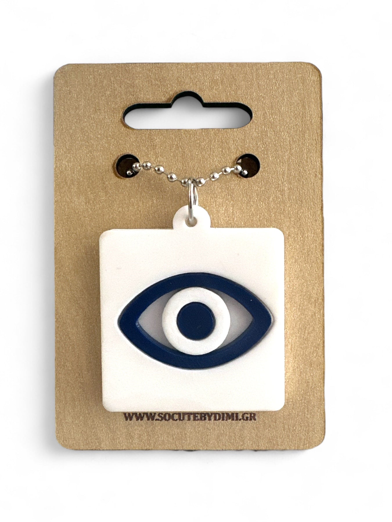 Γούρι αυτοκινήτου σε τετράγωνο σχήμα με μάτι σε λευκό και navy blue πλέξιγκλας και μεταλλική αλυσίδα