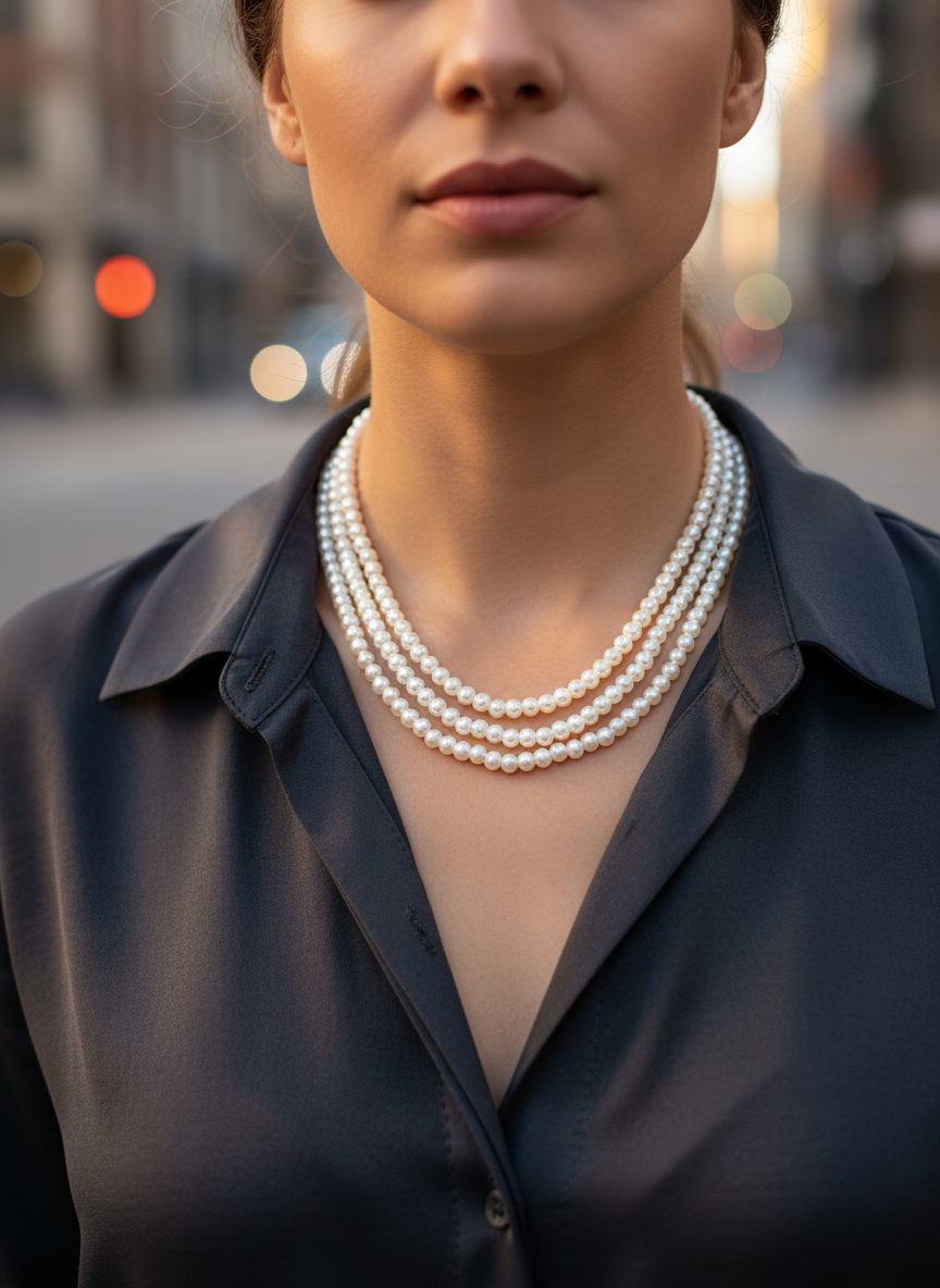 Τριπλό κολιέ με γυάλινες περλέ χάντρες σε διαβαθμισμένα μήκη και ατσάλινο κούμπωμα, σε λευκό φόντο.