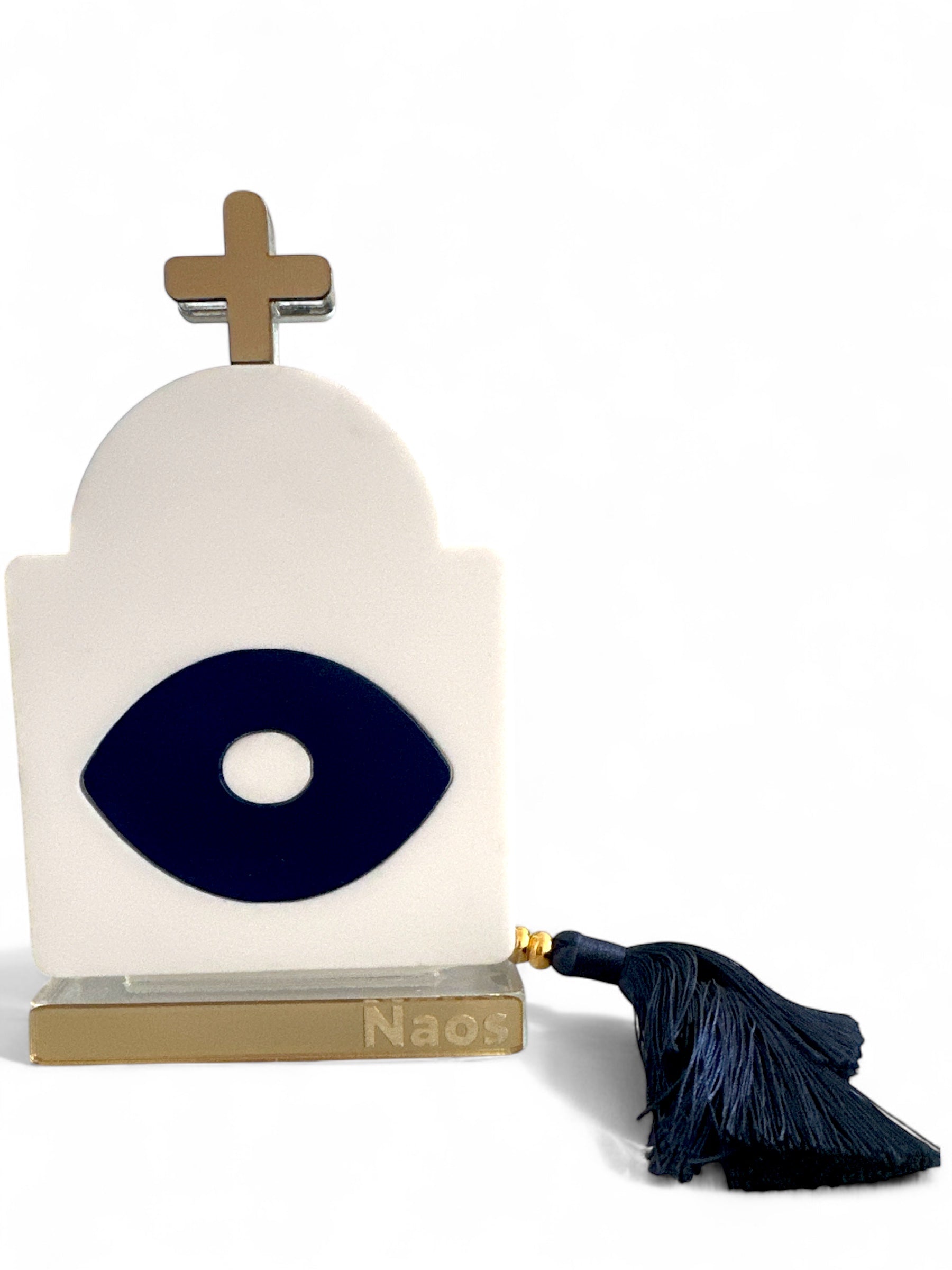 Γούρι design σε σχήμα κυκλαδίτικου ναού με navy μάτι και χρυσό σταυρό, με navy φούντα – αυτοστηριζόμενο plexiglass αντικείμενο
