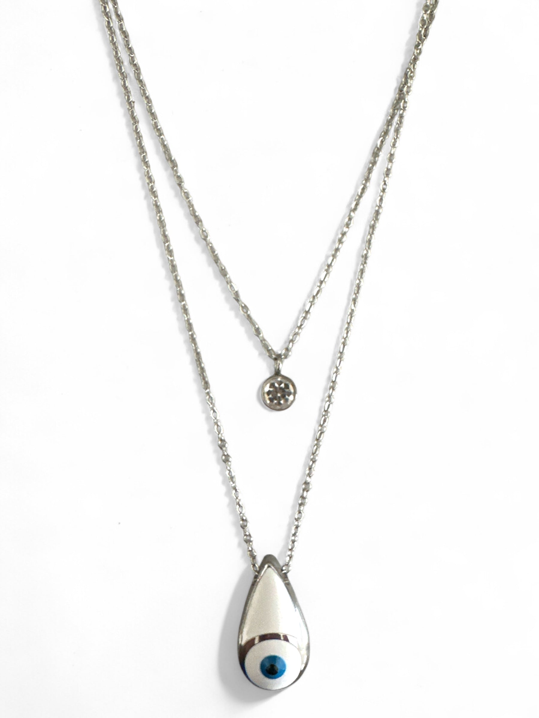 Διπλό ατσάλινο κολιέ σε ασημί με μοτίφ μάτι σε σχήμα δάκρυ και στρας