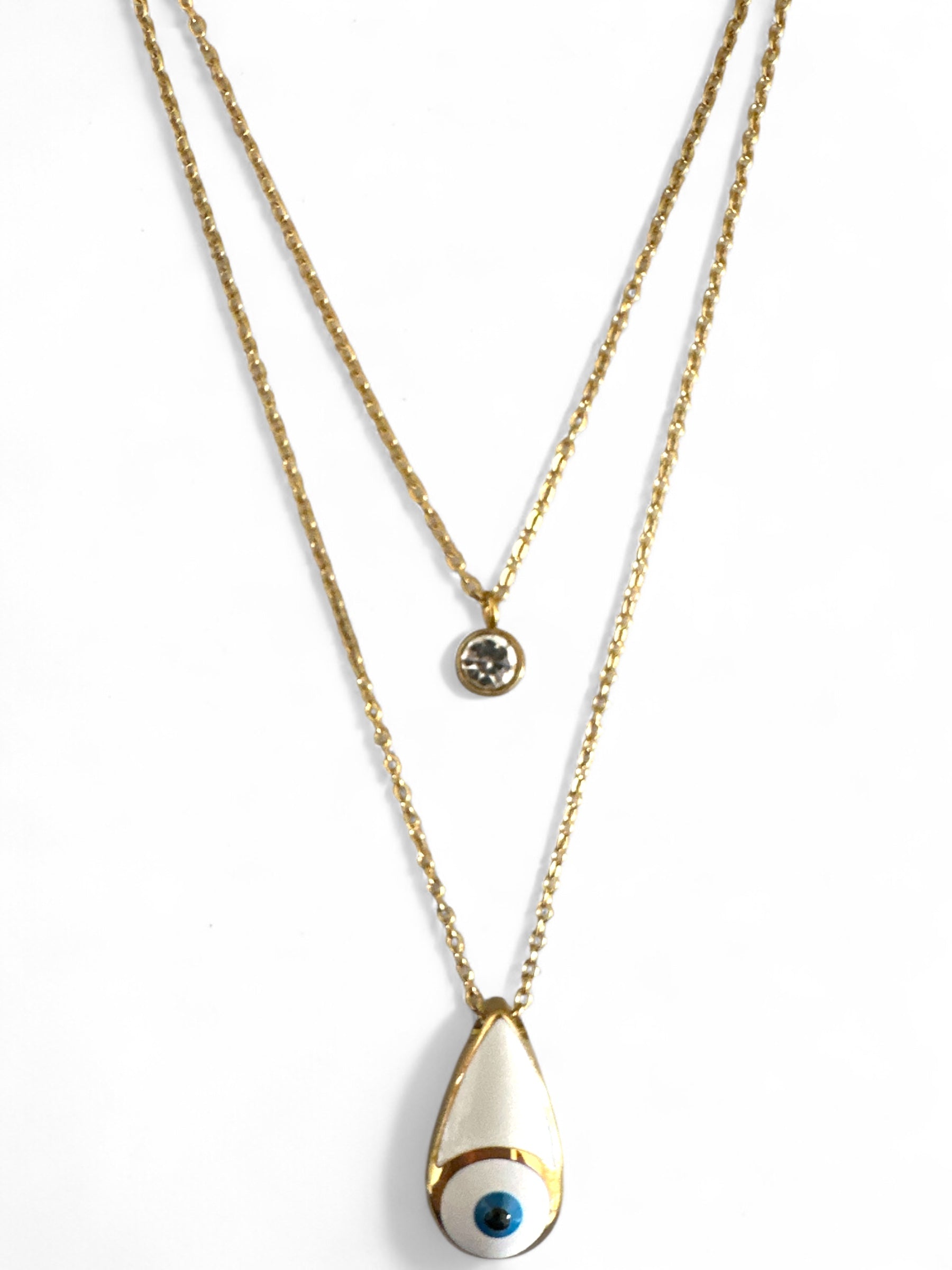 Διπλό ατσάλινο κολιέ σε χρυσό με μοτίφ μάτι σε σχήμα δάκρυ και στρας