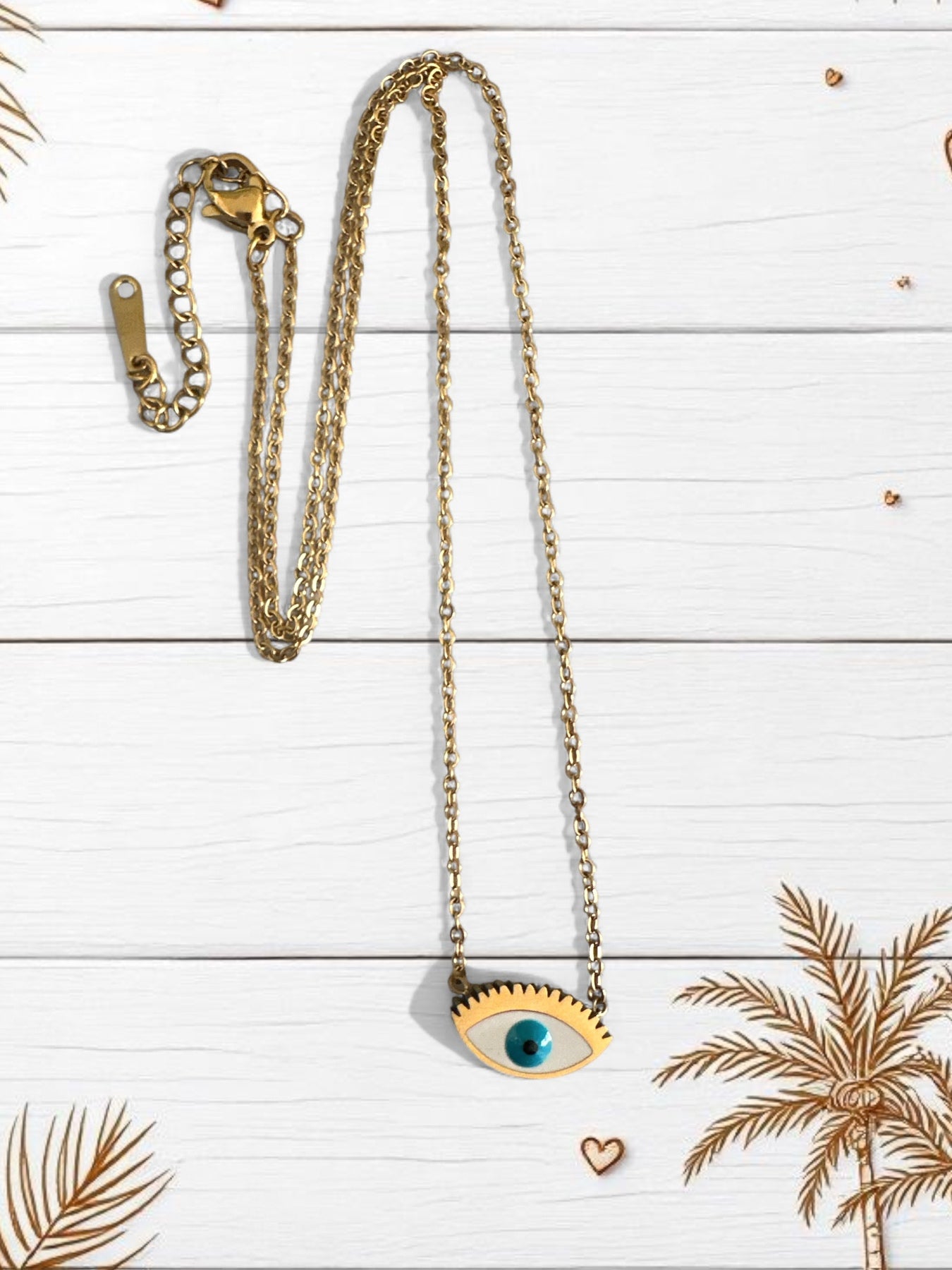 Ατσάλινο κολιέ με μάτι και βλεφαρίδες σε χρυσό χρώμα