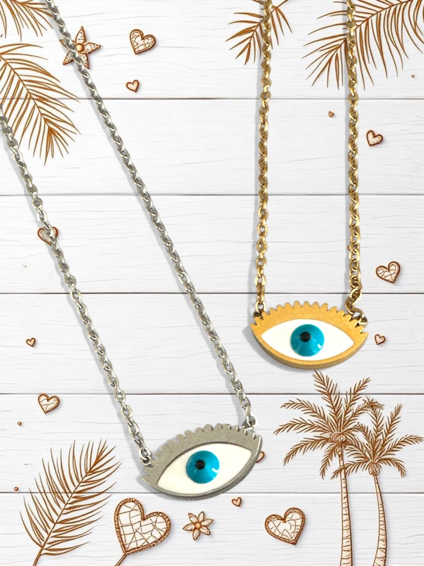 Ατσάλινο κολιέ με μάτι και βλεφαρίδες σε χρυσό και ασημί χρώμα