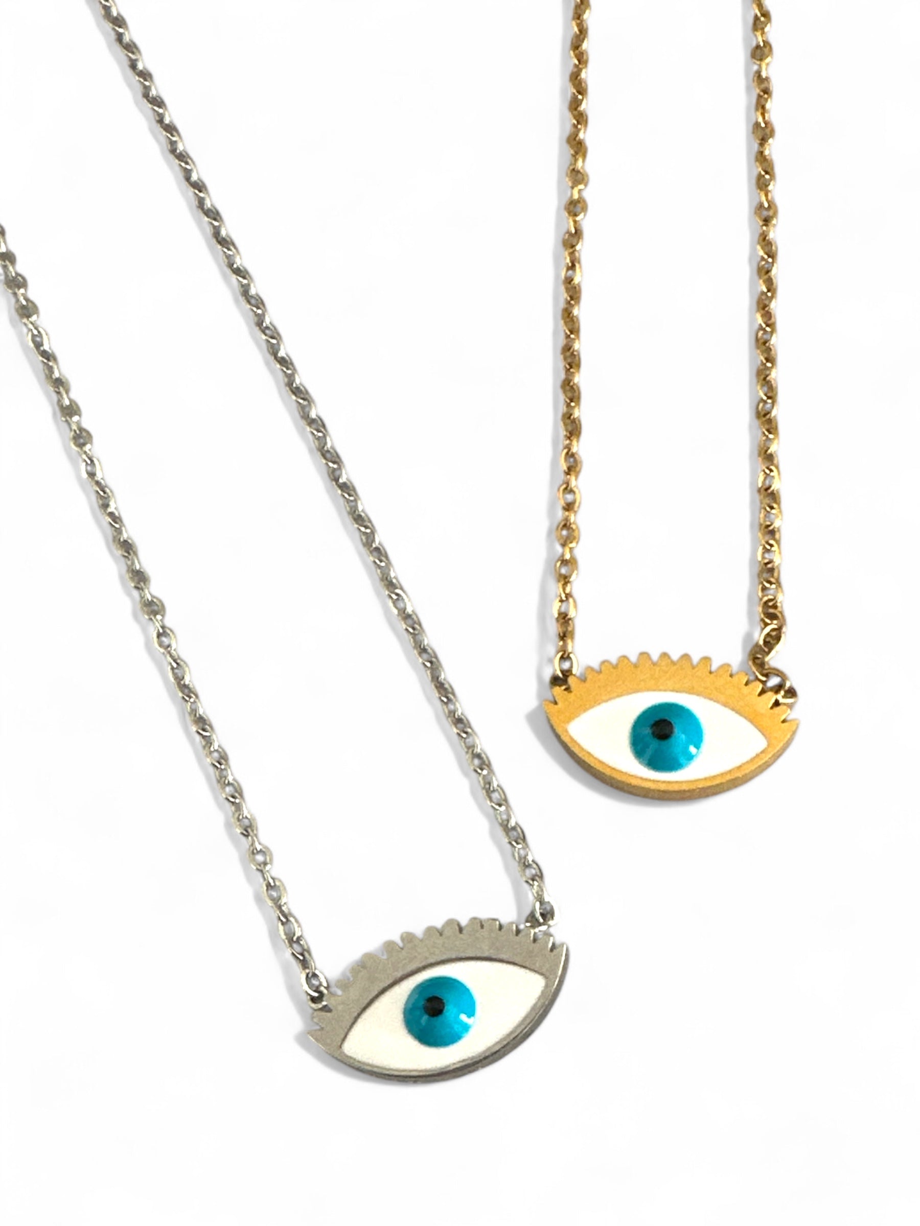 Ατσάλινο κολιέ με μάτι και βλεφαρίδες σε χρυσό και ασημί χρώμα