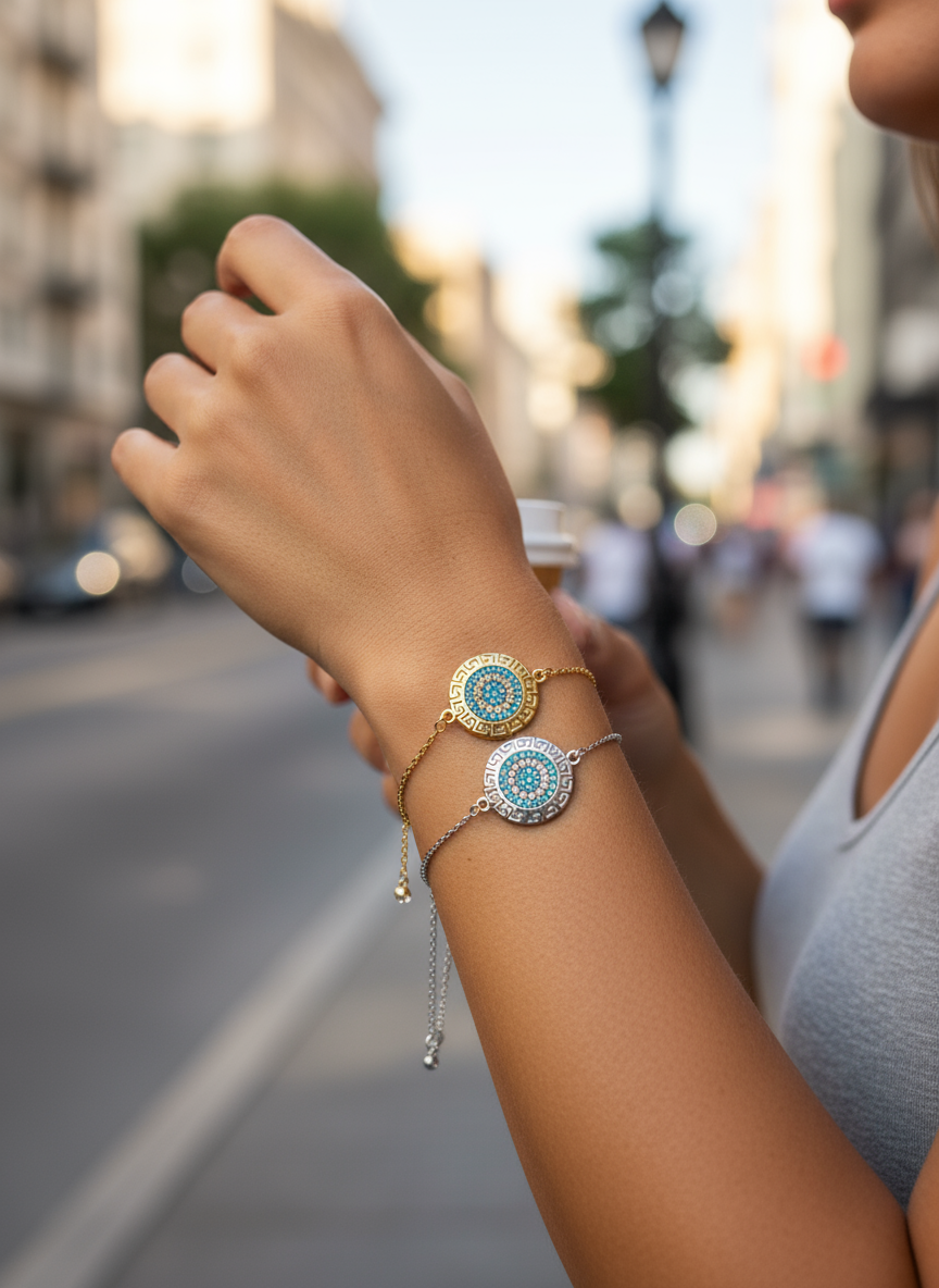 Mythic Glow – Ατσάλινο Βραχιόλι με Γαλάζια Ζιρκόν & Μοτίβο Μαίανδρου - So Cute by Dimi