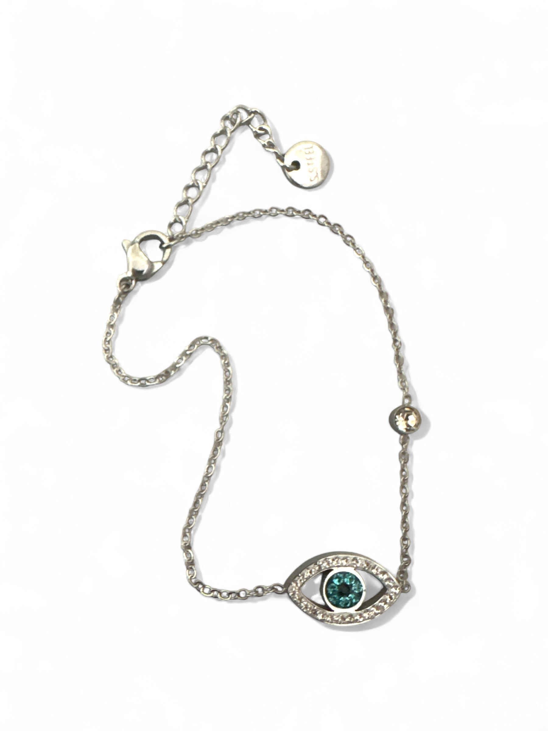 Ατσάλινα βραχιόλια με μάτι, στρας και κεντρική πέτρα σε  ασημί φινίρισμα