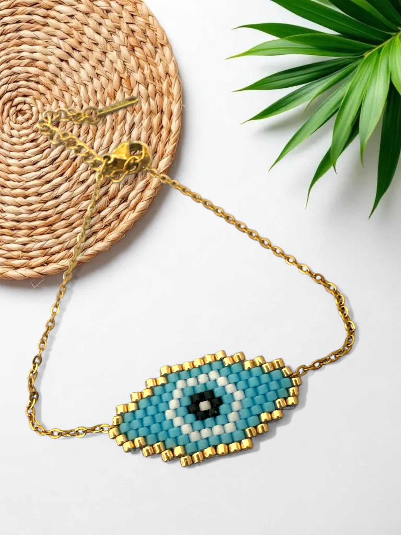 Βραχιόλι με χάντρες Miyuki σε σχήμα ματιού και χρυσή ατσάλινη αλυσίδα