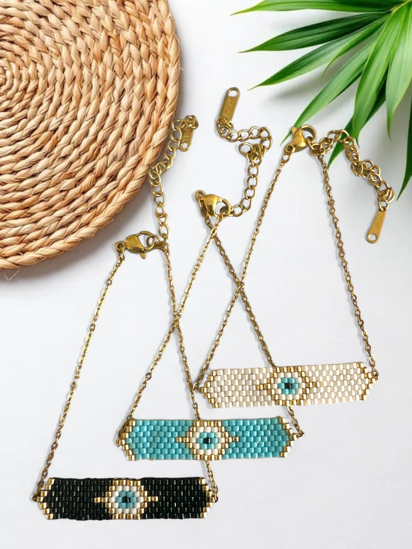 Ατσάλινα βραχιόλια με αλυσίδα και μοτίφ με μάτι από χάντρες Miyuki σε μαύρο, τιρκουάζ και λευκό