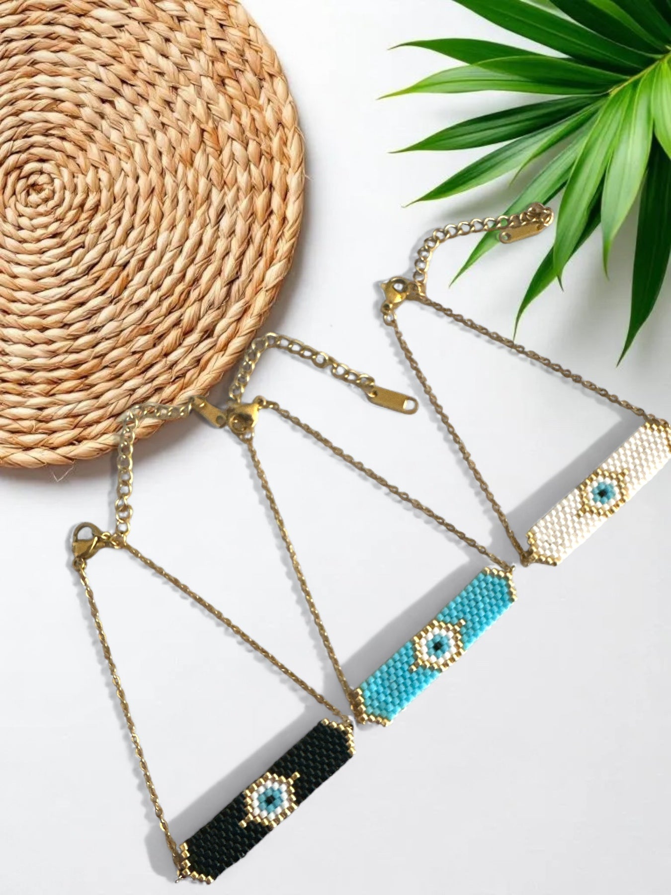 Ατσάλινα βραχιόλια με αλυσίδα και μοτίφ με μάτι από χάντρες Miyuki σε μαύρο, τιρκουάζ και λευκό