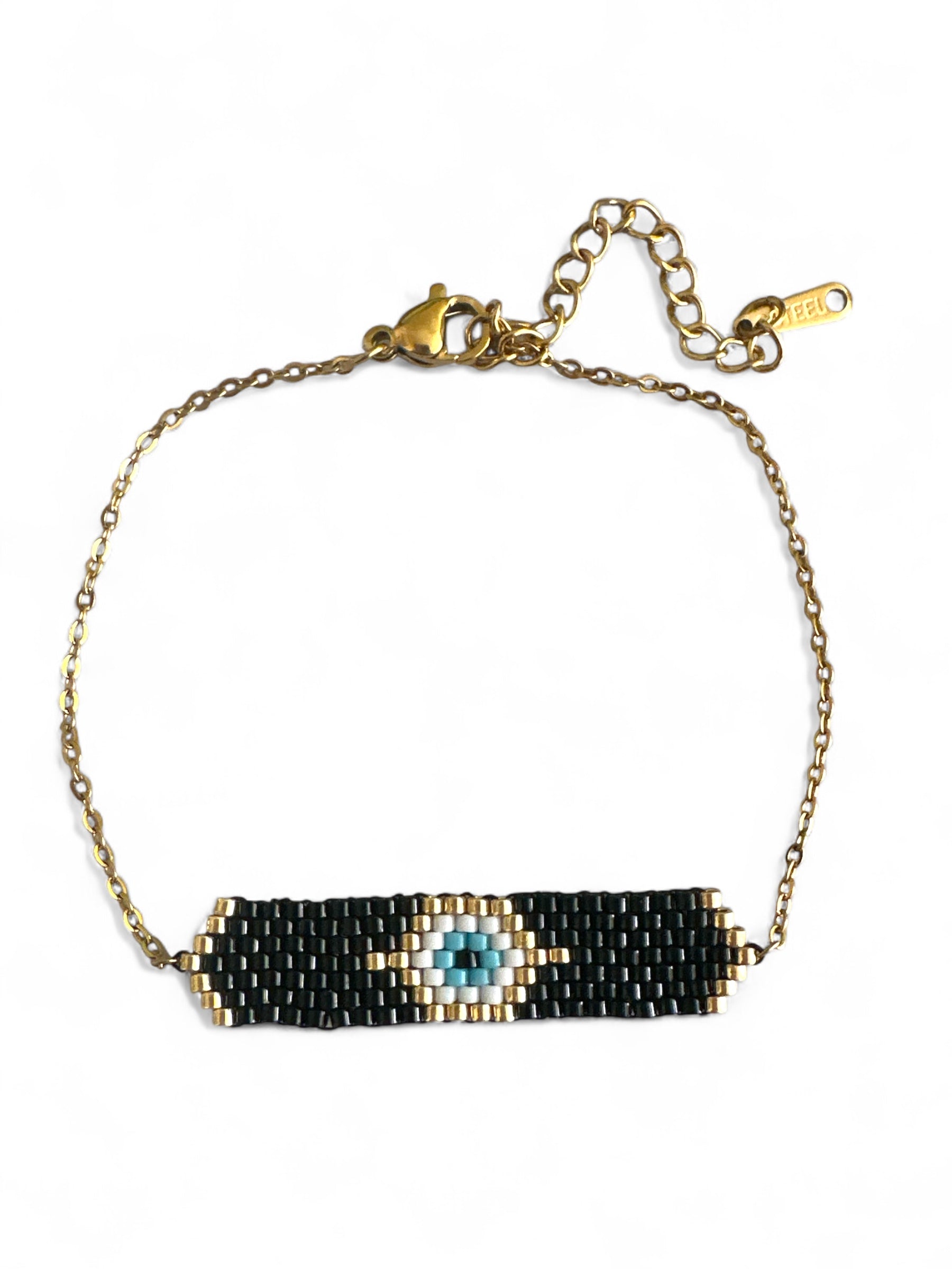 Ατσάλινα βραχιόλι με αλυσίδα και μοτίφ με μάτι από χάντρες Miyuki σε μαύρο