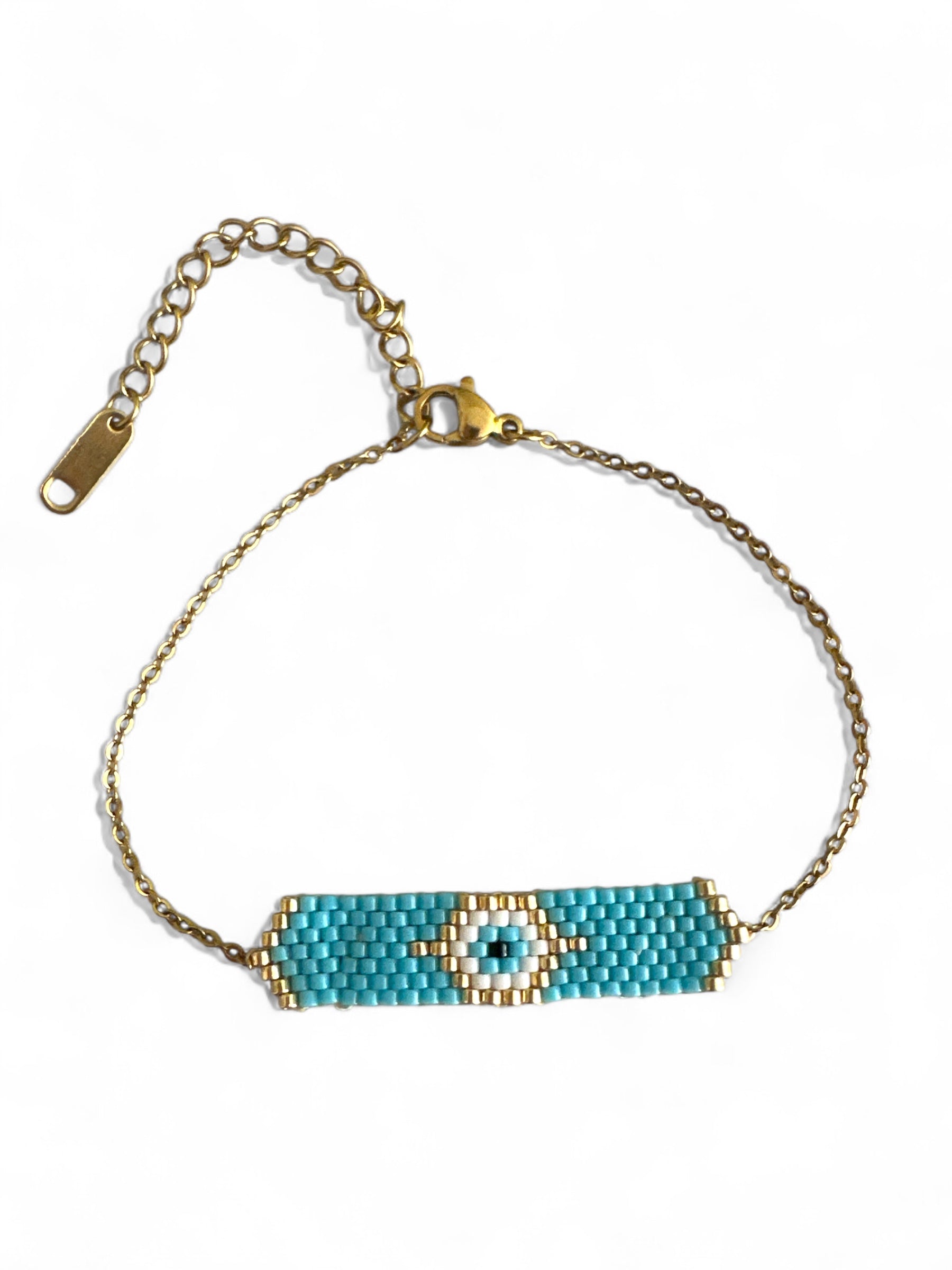 Ατσάλινo βραχιόλι με αλυσίδα και μοτίφ με μάτι από χάντρες Miyuki σε τιρκουάζ