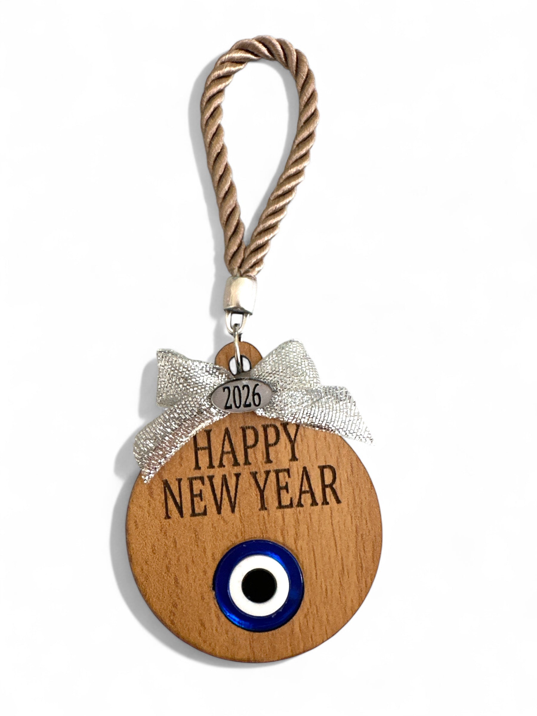 Χειροποίητο ξύλινο γούρι με μάτι, ευχή Happy New Year και κορδόνι – So Cute by Dimi