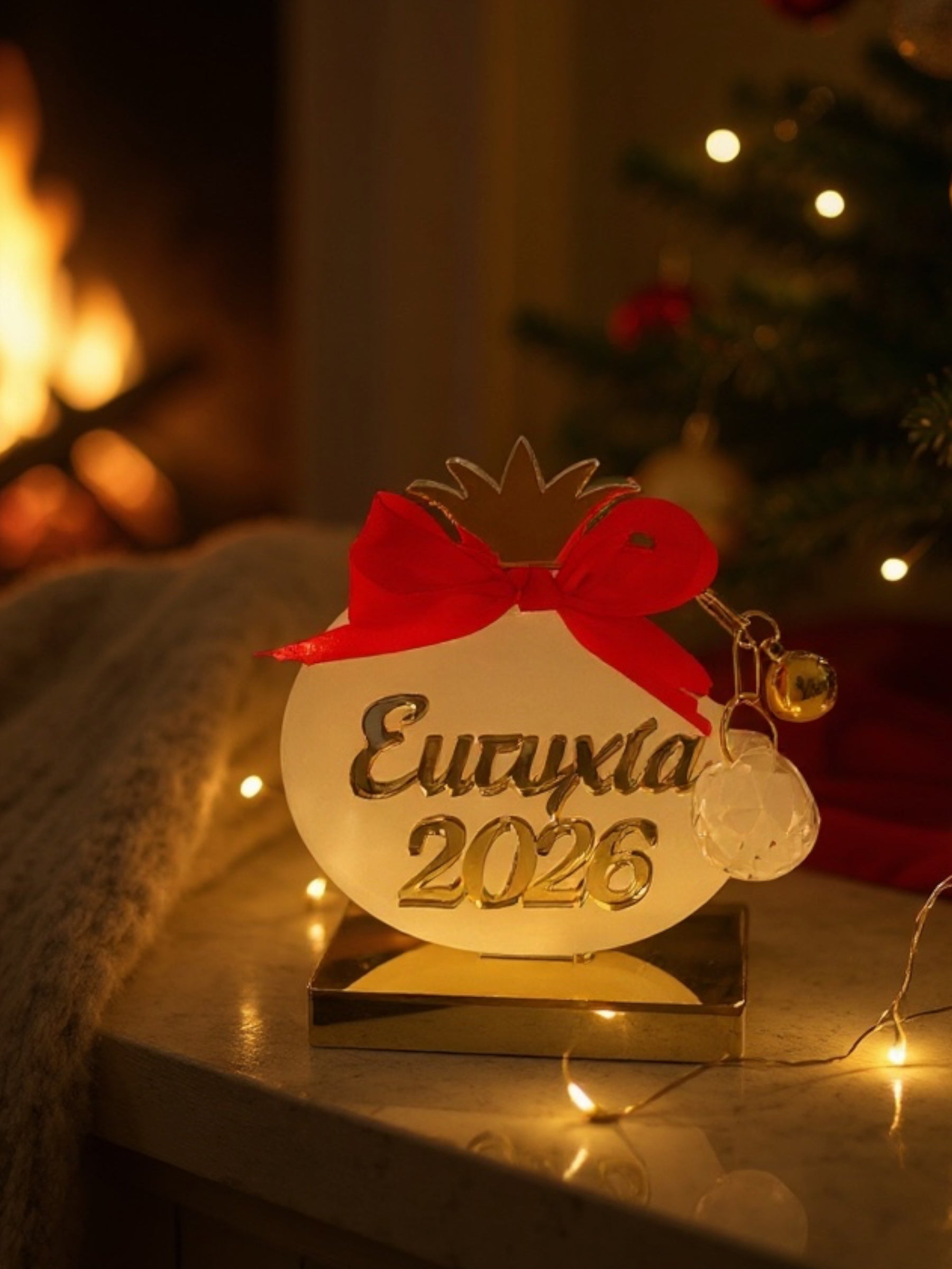 Επιτραπέζιο γούρι ρόδι Ευτυχία 2026 από plexiglass με κρυστάλλινη μπάλα και κουδουνάκι – So Cute by Dimi