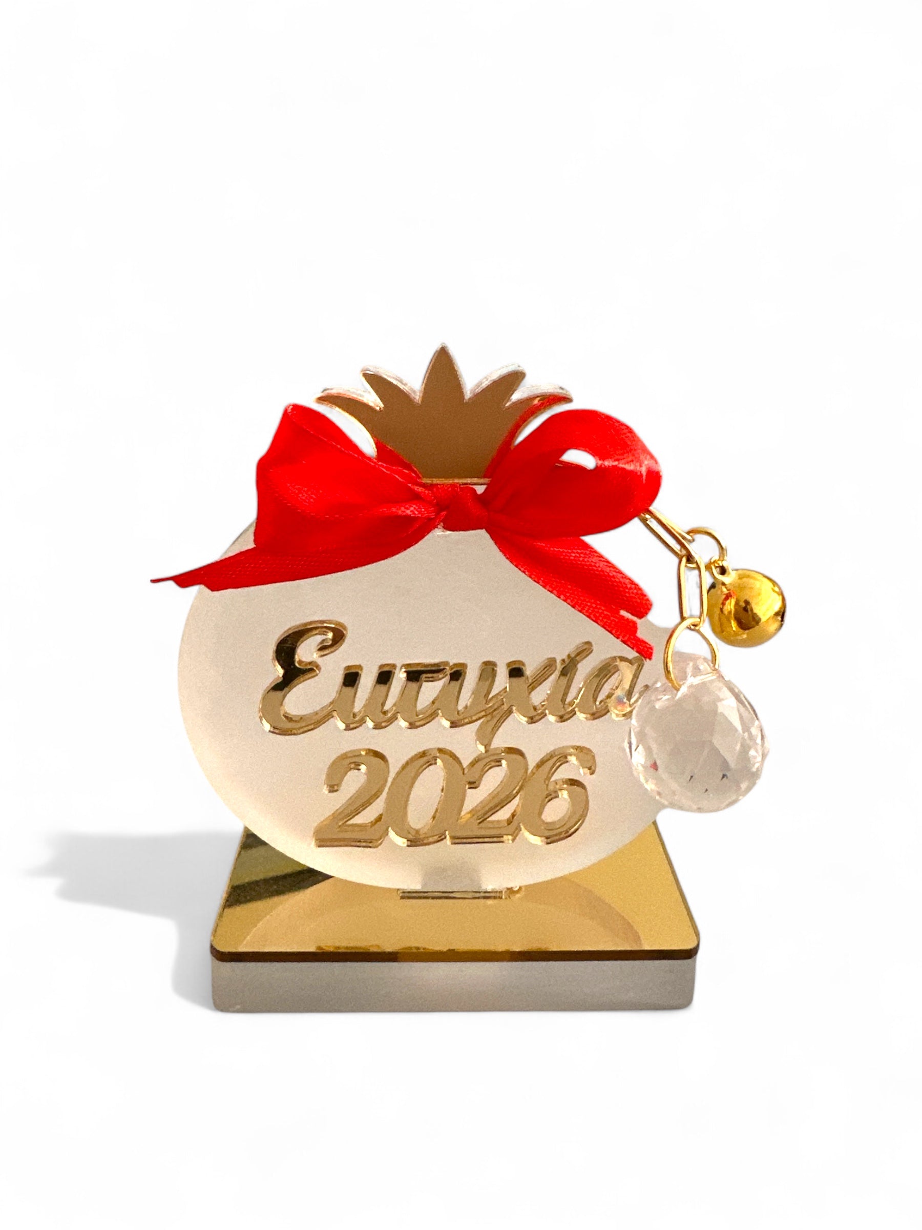 Επιτραπέζιο γούρι ρόδι Ευτυχία 2026 από plexiglass με κρυστάλλινη μπάλα και κουδουνάκι – So Cute by Dimi