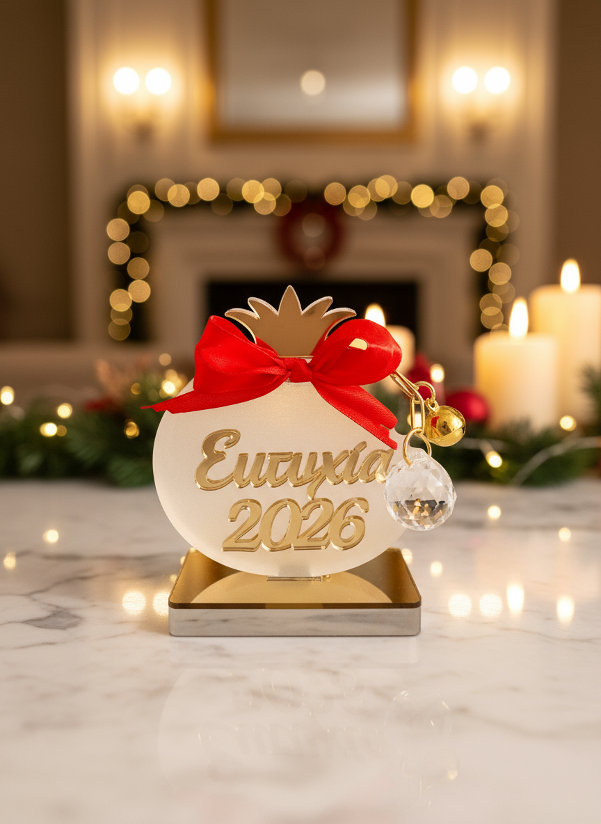 Επιτραπέζιο γούρι ρόδι Ευτυχία 2026 από plexiglass με κρυστάλλινη μπάλα και κουδουνάκι – So Cute by Dimi