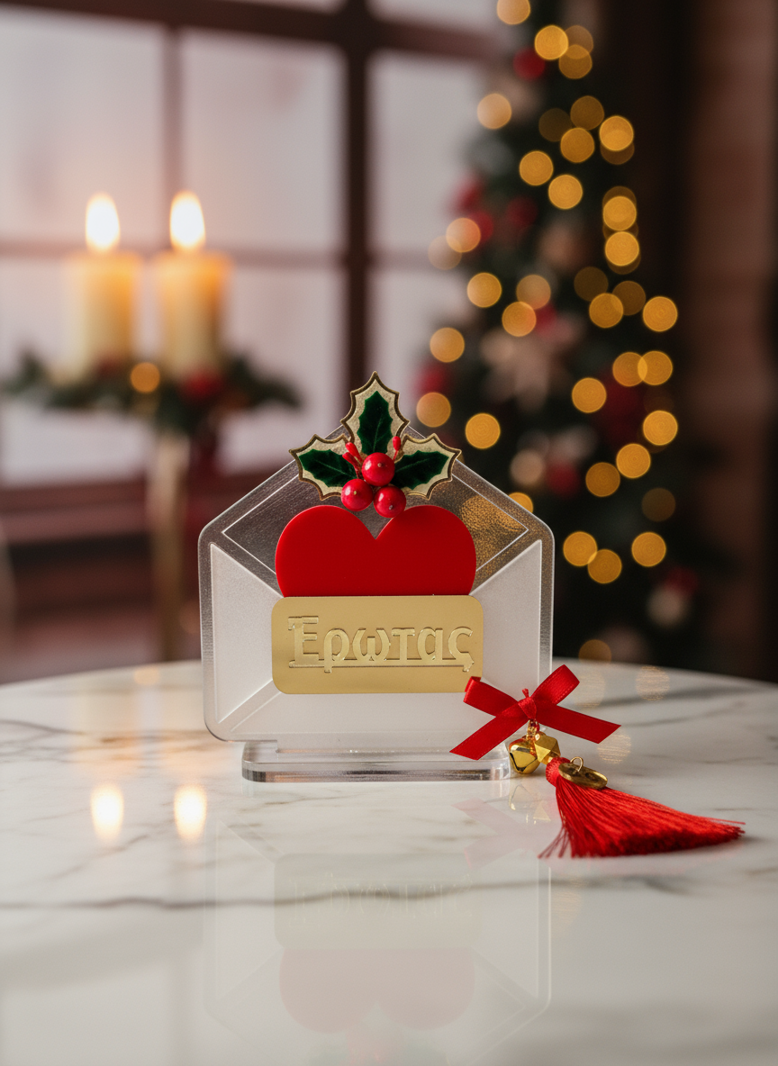 💌 Επιτραπέζιο Γούρι «Έρωτας» – Plexiglass με Καρδιά & Χριστουγεννιάτικα Στοιχεία - So Cute by Dimi