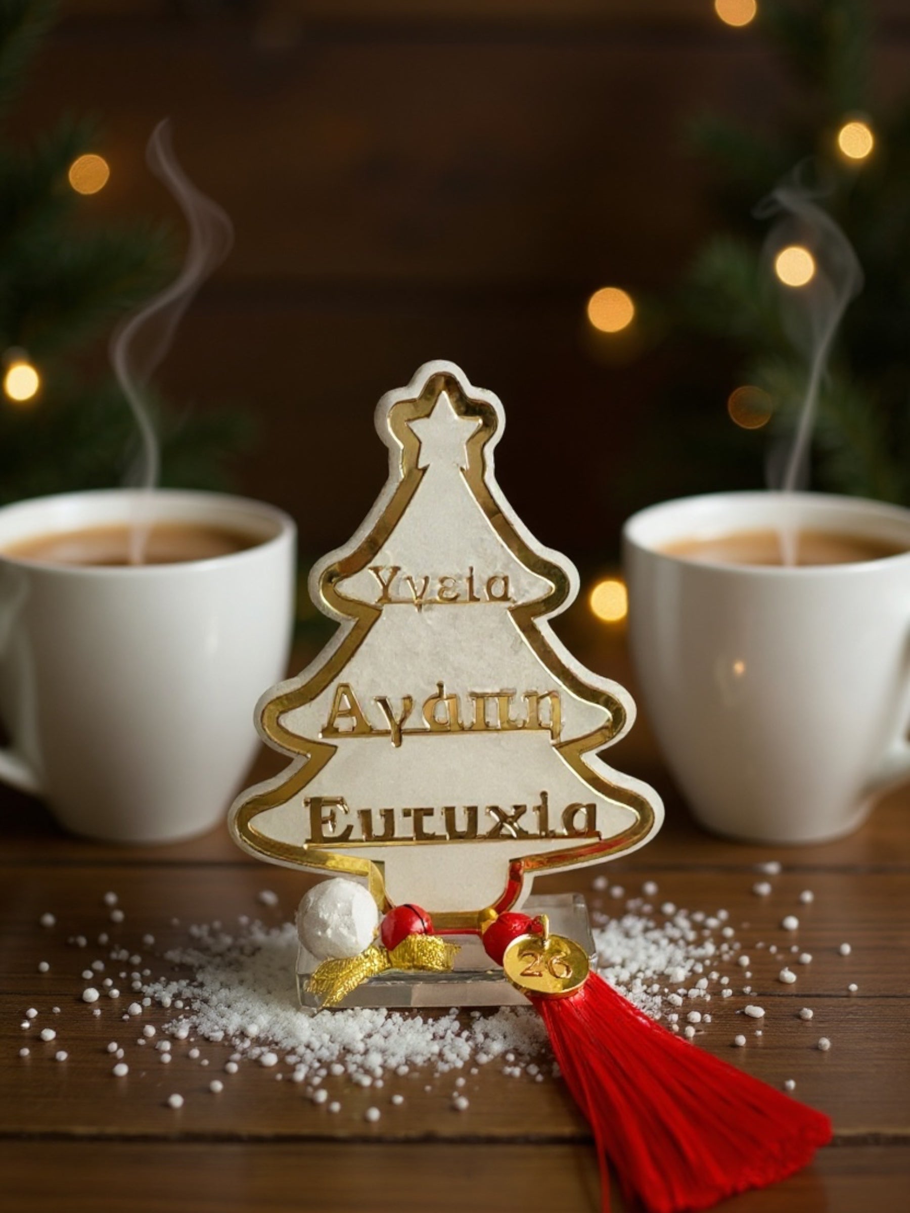 Decorative Christmas tree ornament with names on a wooden surface with two mugs of hot chocolate.