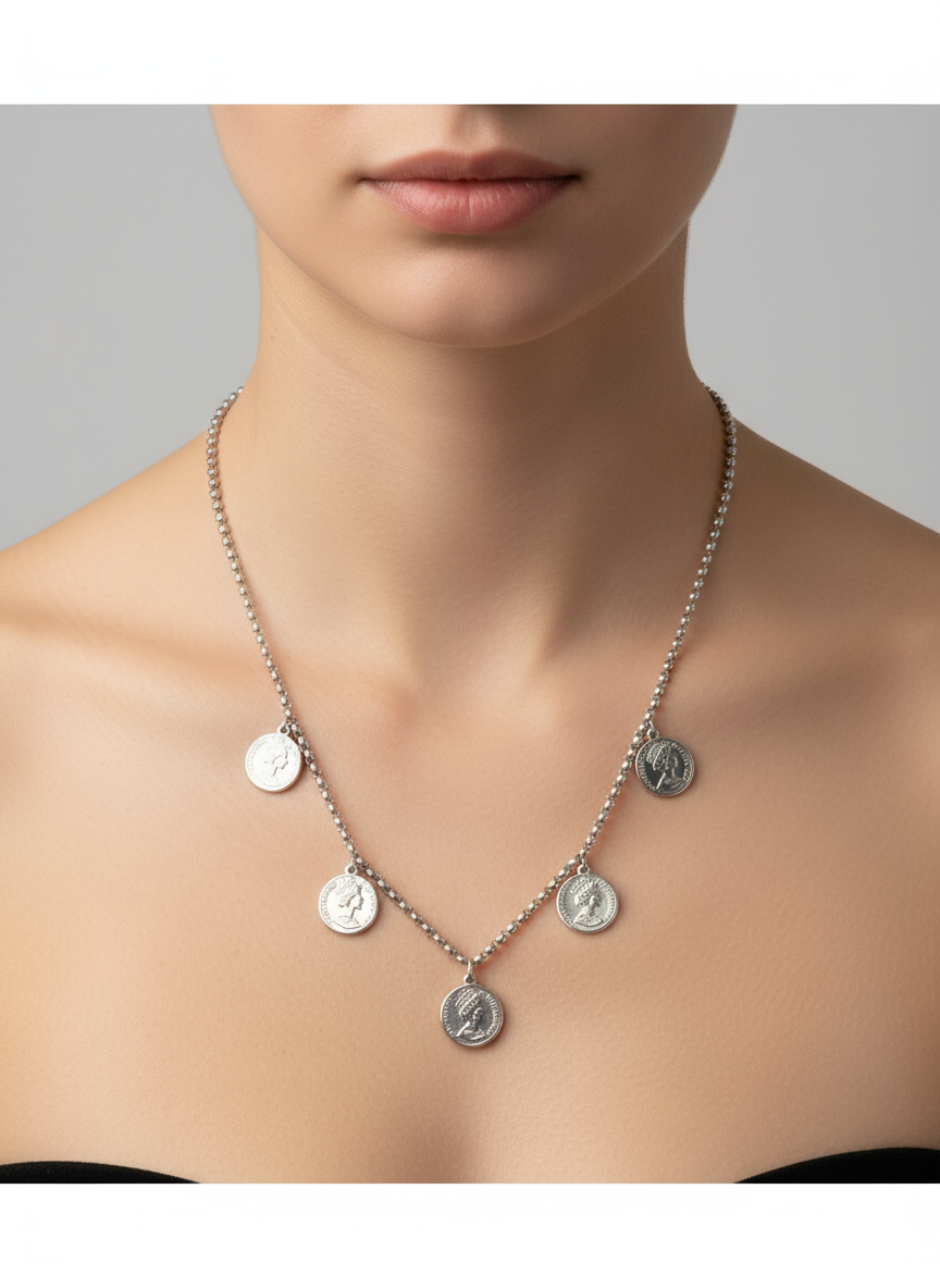 Ατσάλινο κολιέ με νομίσματα σε ασημί – So Cute by Dimi