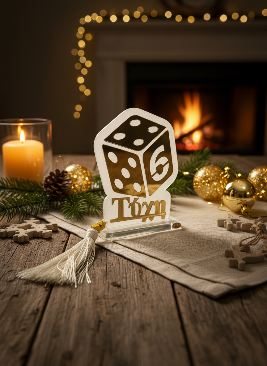 Επιτραπέζιο γούρι Τύχη από plexiglass με χρυσό ζάρι και λευκή φούντα – So Cute by Dimi