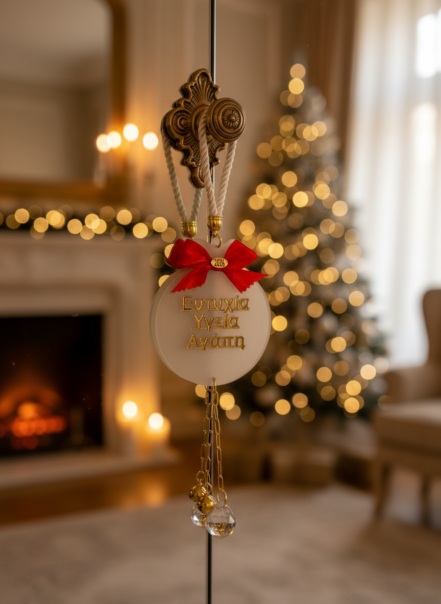 Κρεμαστό γούρι Ευτυχία Υγεία Αγάπη 2026 από plexiglass με κόκκινο φιόγκο, κρυστάλλινη σταγόνα & κουδουνάκι – So Cute by Dimi