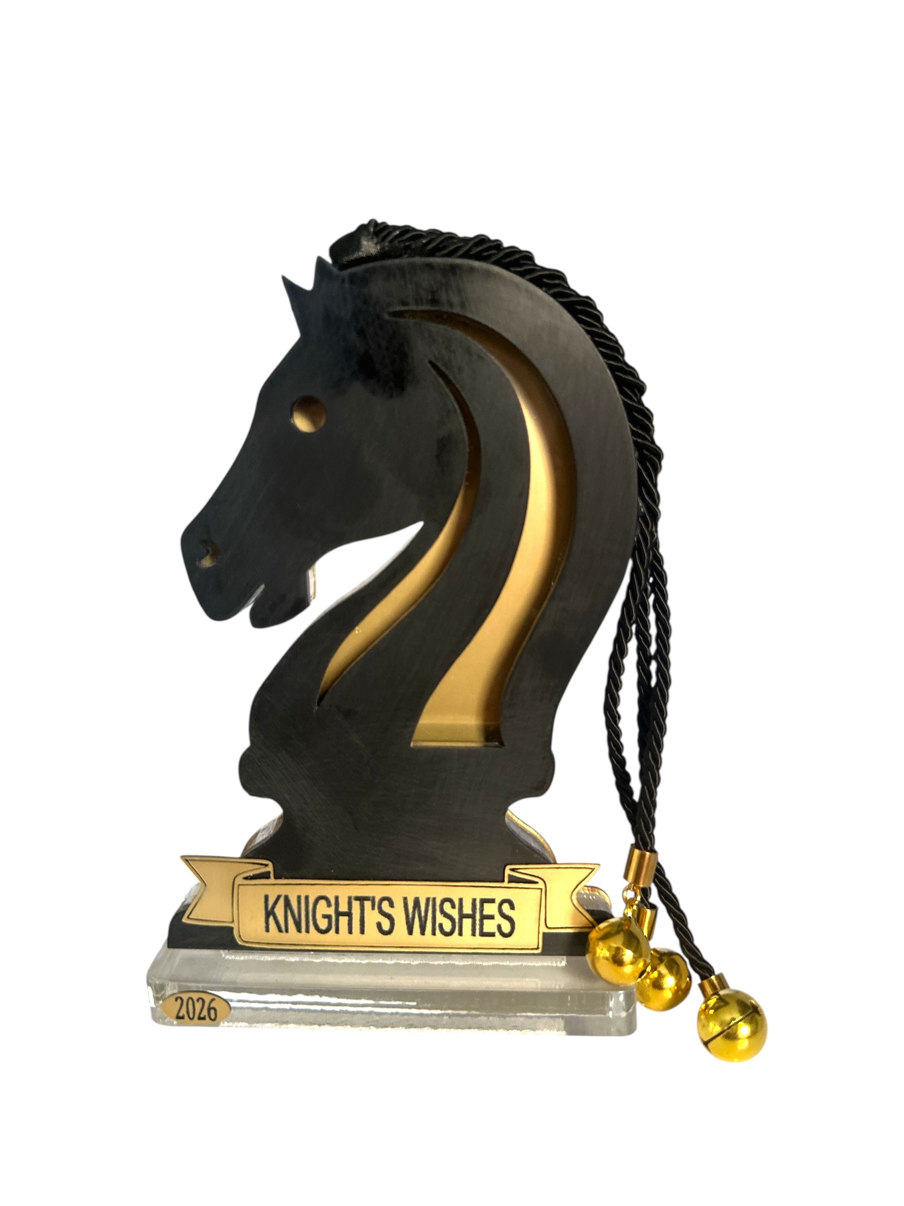 Γούρι 2026 Άλογο Chess Bold Plexiglass με κορδόνι χαίτη & κουδουνάκια – Knight’s Wishes