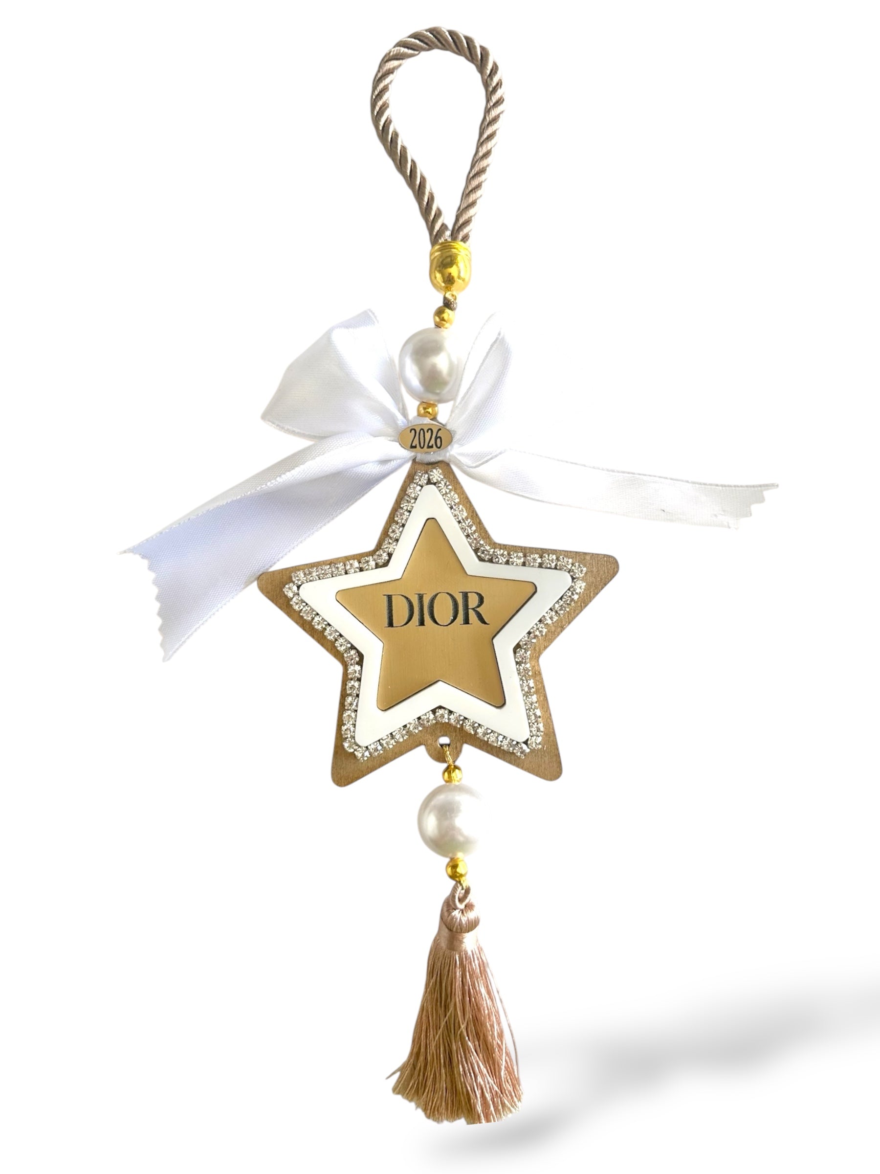 Γούρι 2026 αστέρι με στρας, πέρλες, σατέν φιόγκο & φούντα – Συλλογή Christmas Couture – So Cute by Dimi