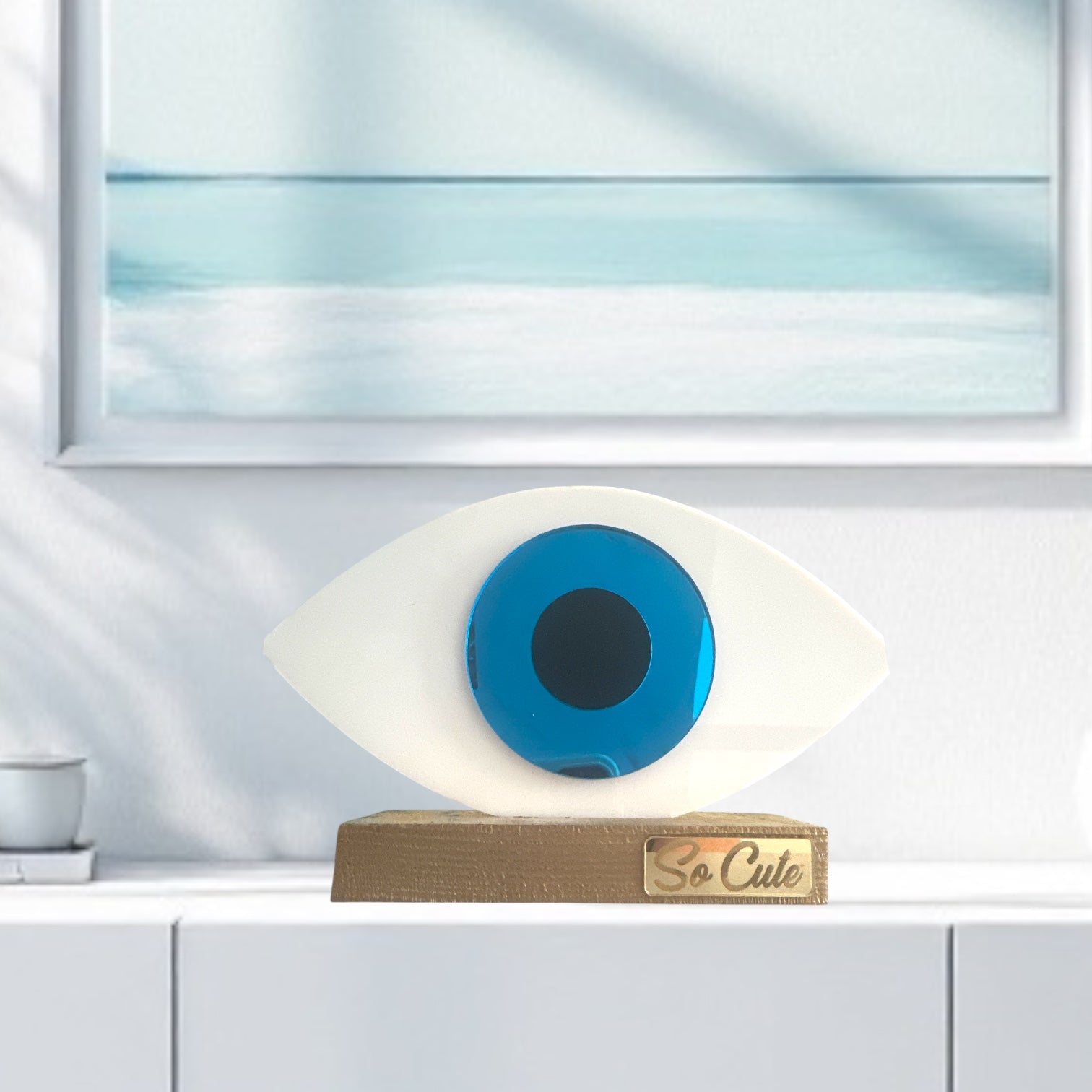 Γούρι Οβάλ Μάτι Plexiglass σε Ξύλινη Βάση – Μπλε - So Cute by Dimi