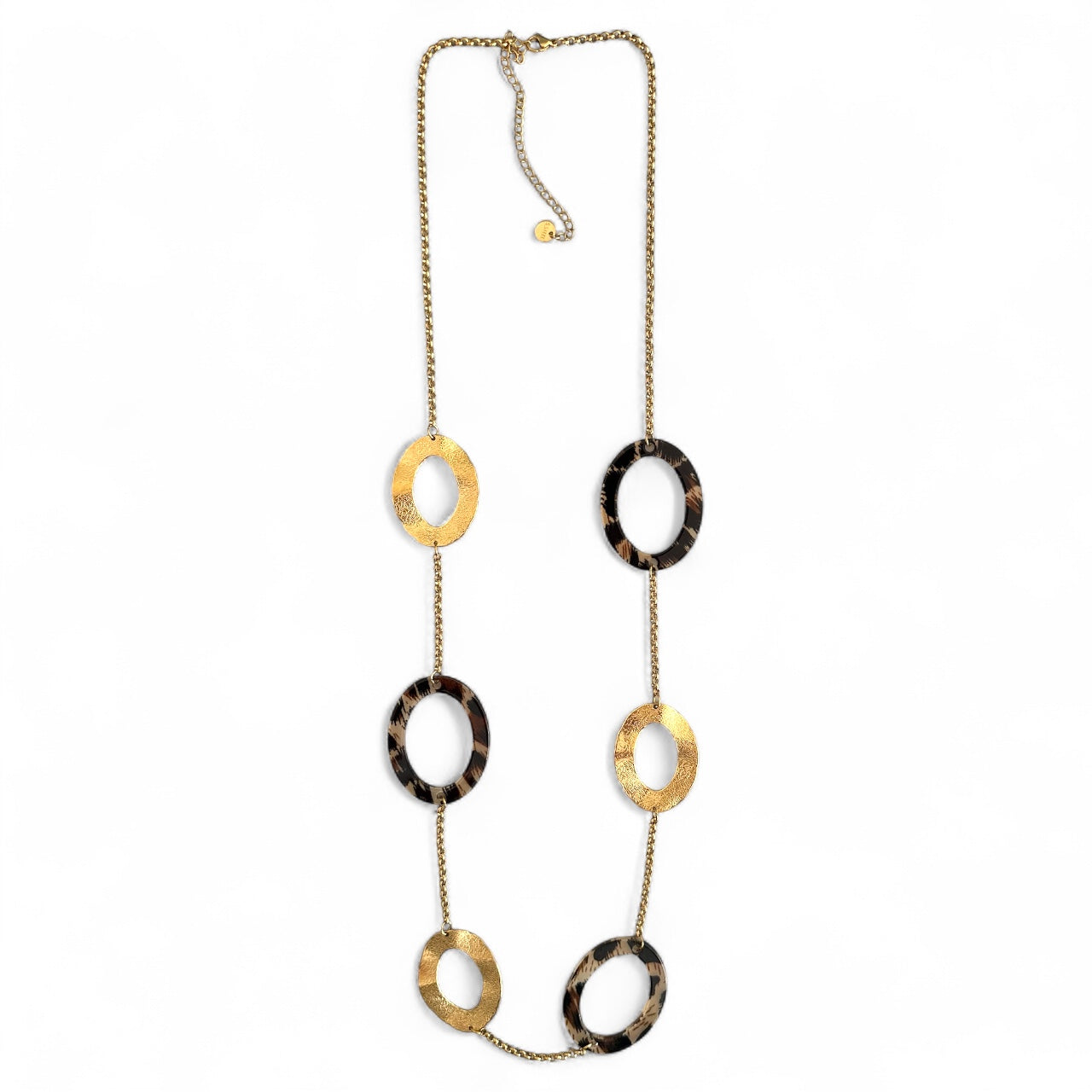Ατσάλινο μακρύ κολιέ με οβάλ κρίκους σε χρυσό & animal print – So Cute by Dimi