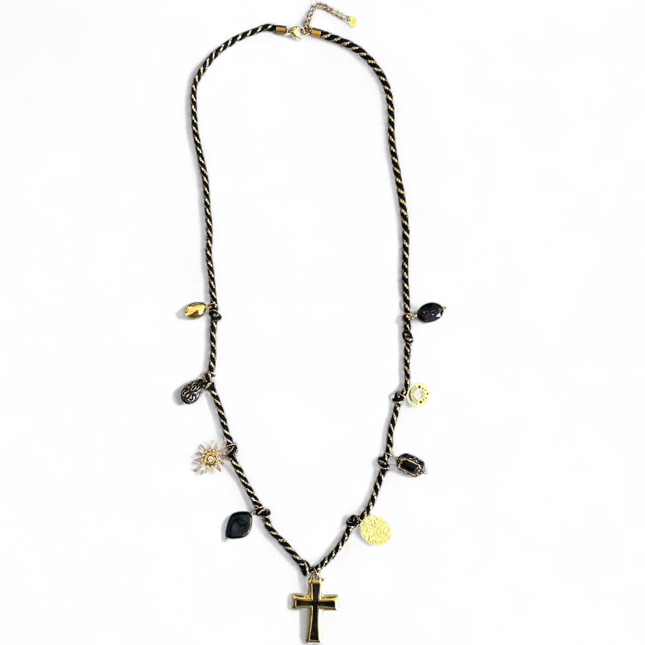 Ατσάλινο κολιέ Black Cross με μαύρο σταυρό & charms σε μαύρο κορδόνι – So Cute by Dimi