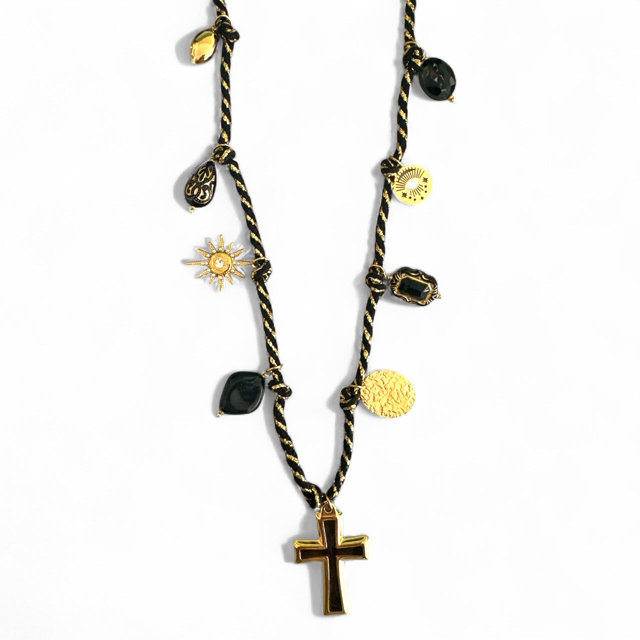 Ατσάλινο κολιέ Black Cross με μαύρο σταυρό & charms σε μαύρο κορδόνι – So Cute by Dimi