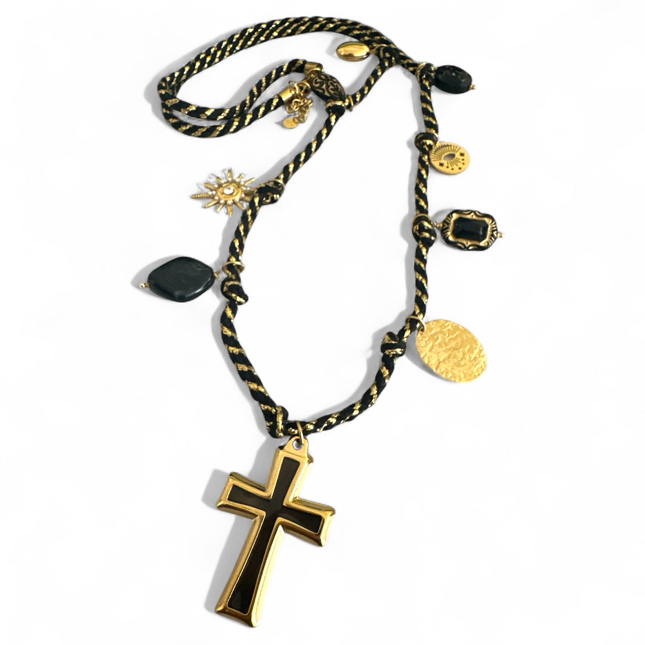 Ατσάλινο κολιέ Black Cross με μαύρο σταυρό & charms σε μαύρο κορδόνι – So Cute by Dimi